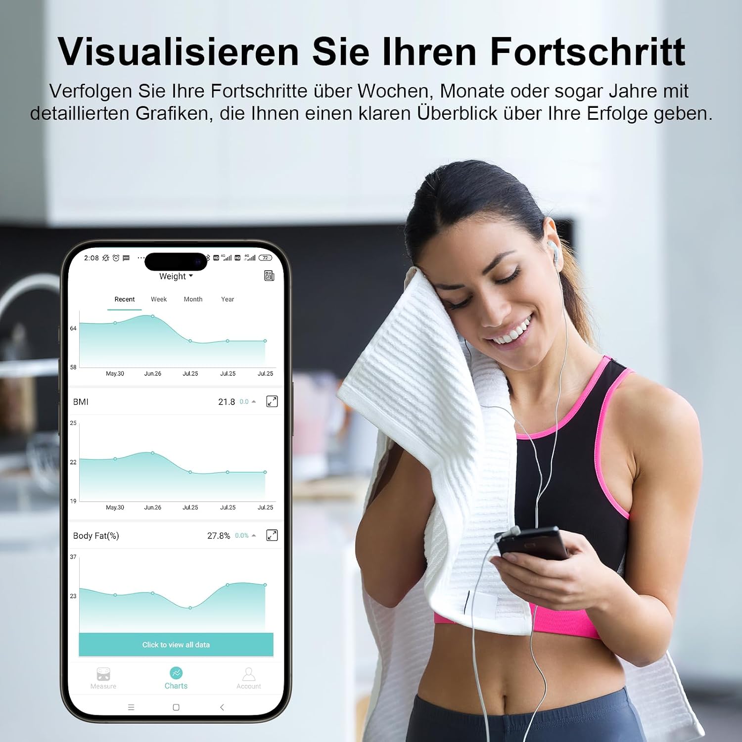 Detalle de Bluetooth-Körperfettwaage Digital mit 8 Elektroden: Ganzkörperanalyse & App (18 Körperdaten, BMI, Muskelmasse)