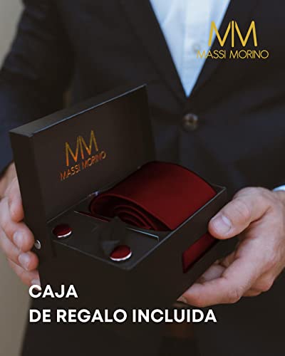 Detalle de Set de Corbata Burdeos Massi Morino 5 en 1 para Hombre: corbata, pañuelo, gemelos y accesorios para boda