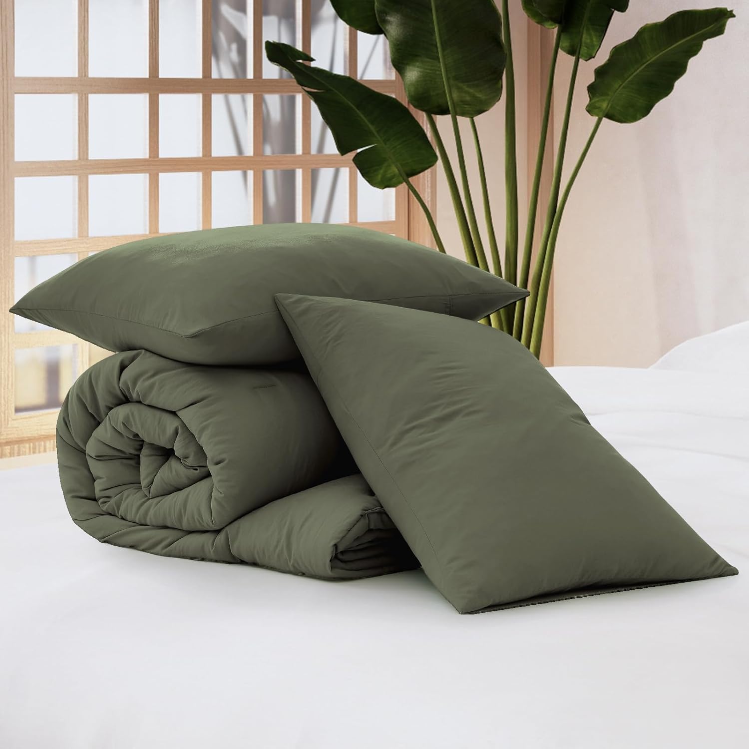 Thumbnail 5 de WRENSONGE Queen Comforter Set (3-Piece) – Prewashed Olive Green Lightweight Comforter with 2 Pillow Shams