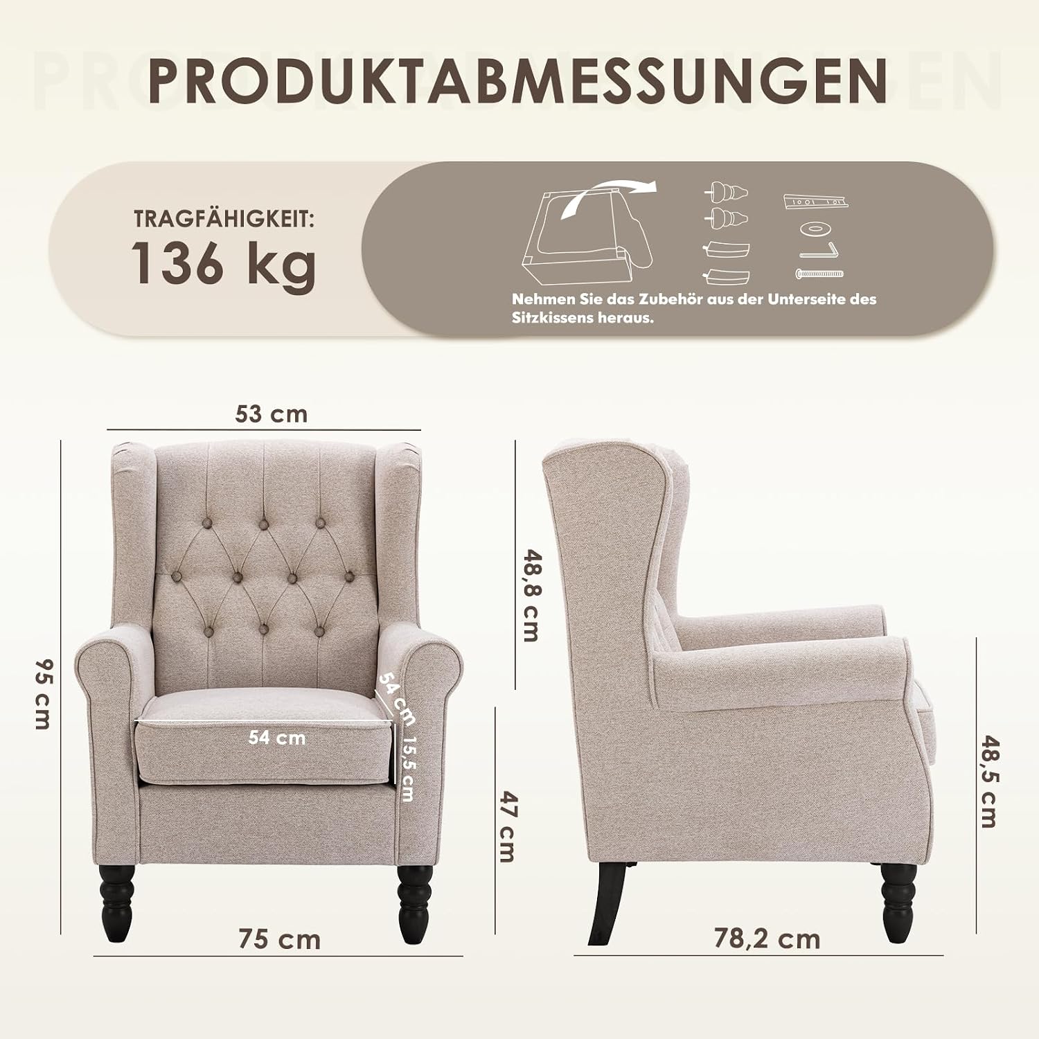 Thumbnail 1 de COLAMY Mid-Century Modern Wingback-Sessel mit Knopfsteppung & Massivholzbeinen, Beige