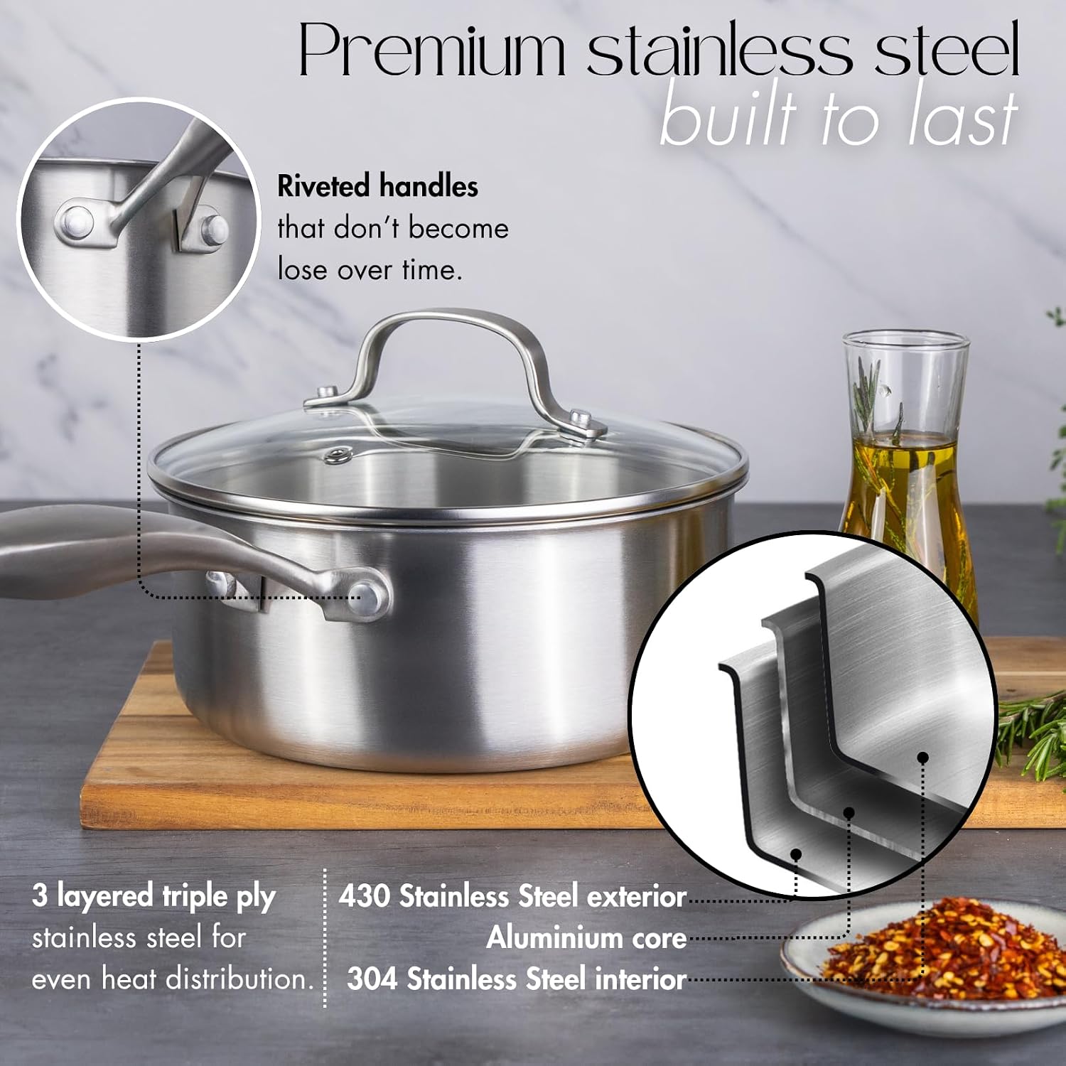 Detalle de nuovva 17-piece Stainless Steel Pots and Pans Set with Glass Lids