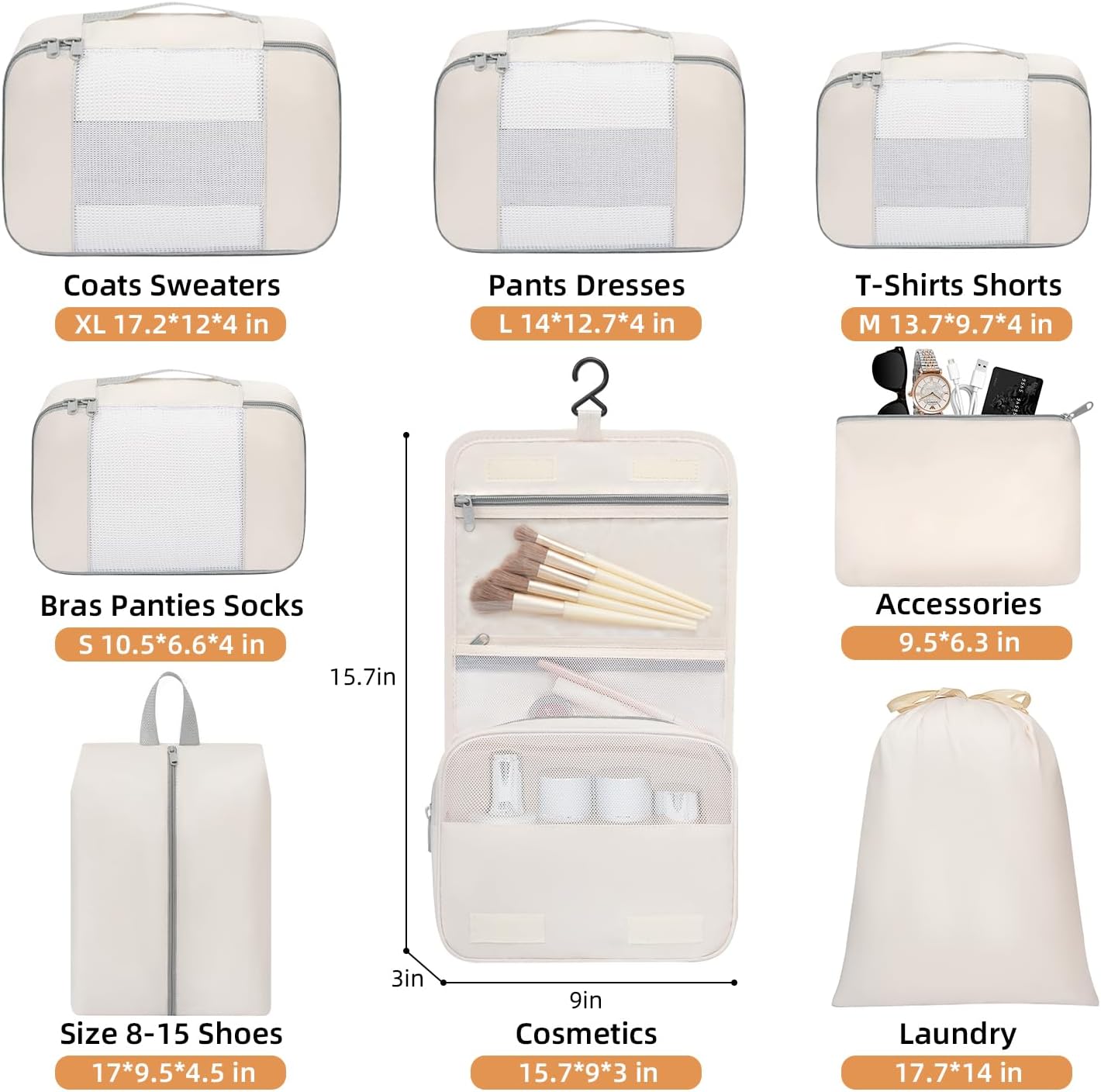 Thumbnail 1 de BAGAIL Packwürfel 8er-Set für Reisen, Beige