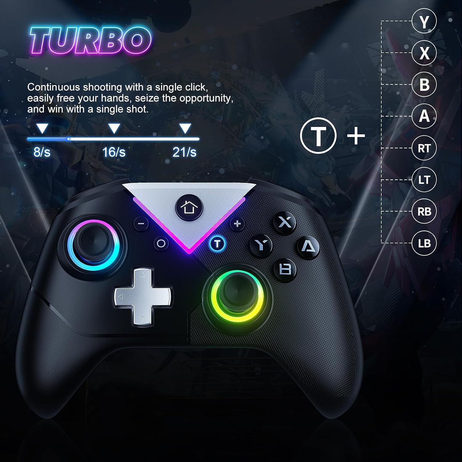 Thumbnail 6 de Lapezi RGB Wireless Controller für Switch, Switch OLED/Lite und PC – Bluetooth Gamepad mit Hall-Effekt-Sticks, Rückenpaddeln und Turbo