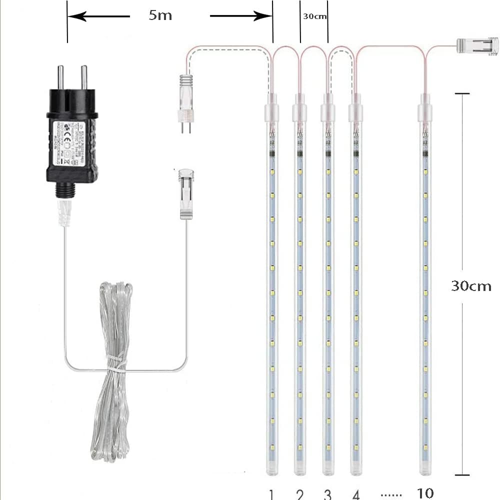 Detalle de Kwaiffeo mewa-eu meteorenregen-lichtslinger met 10 LED-buizen, warm wit