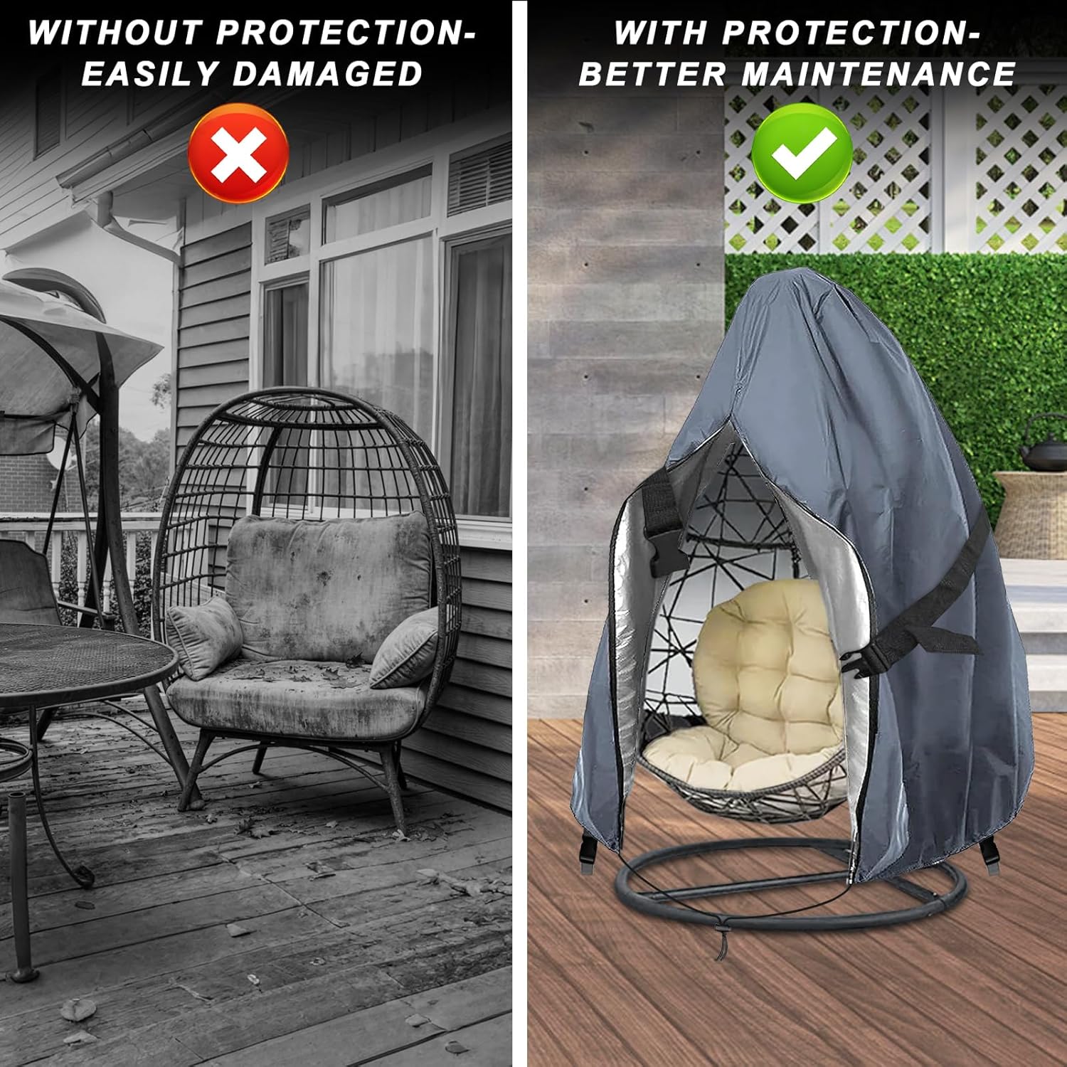Detalle de Emwel 230x200cm Hanging Chair Cover with Zipper — Heavy Duty Egg Swing Cocoon Chair Cover (Grey)