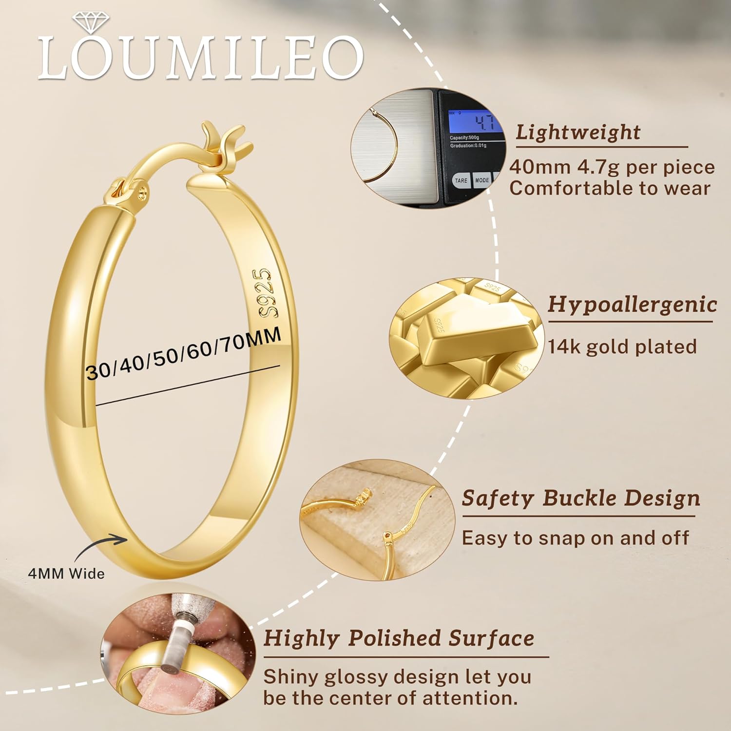 Thumbnail 3 de LOUMILEO 4mm Wide Large Silver Hoop Earrings (925 Sterling Silver, 30–70mm)