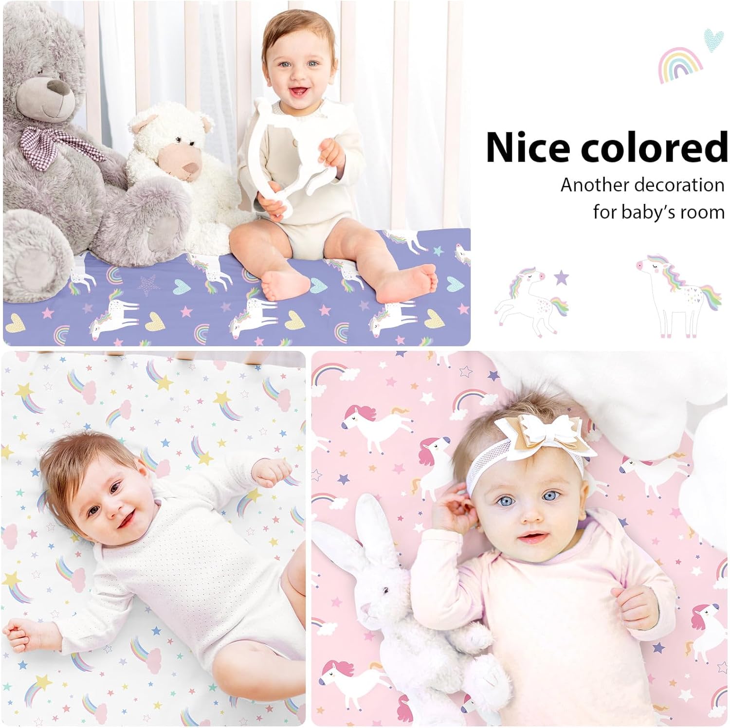 Detalle de FIEMOL Cot Bed Sheets 140 x 70cm Fitted (3 Pack) – Ultra-soft microfiber in Pink/Purple Rainbow