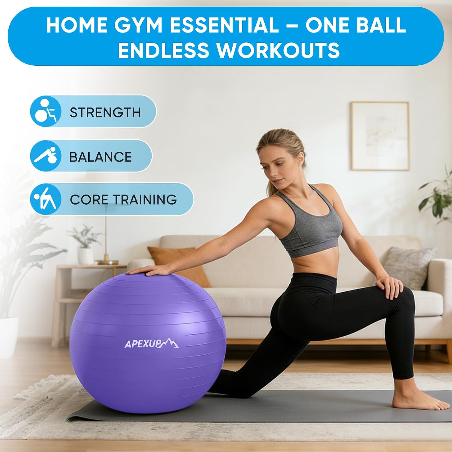 Thumbnail 1 de APEXUP Yoga Ball, 660 lb Anti-Burst PVC Exercise Ball with Pump