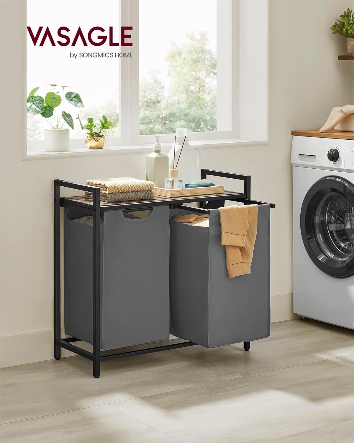Thumbnail 1 de VASAGLE BLH201G01 cesto portabiancheria con 2 sacchi rimovibili da 46 L (tot. 92 L), grigio ardesia e marrone vintage