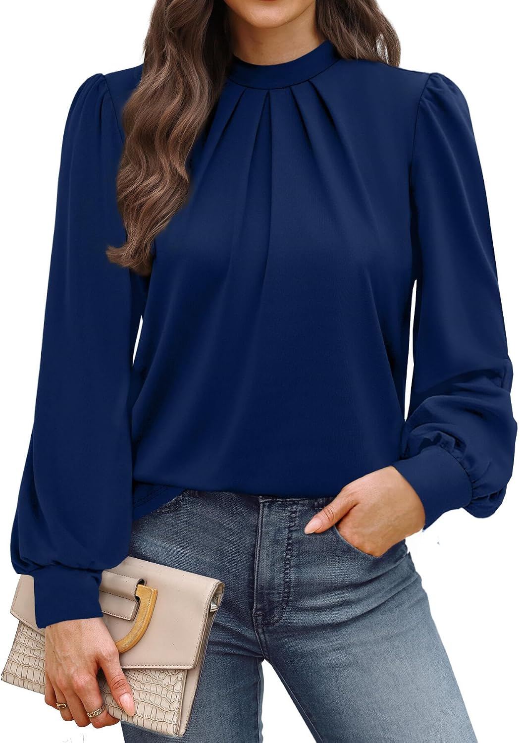 Thumbnail 6 de WIHOLL Long Sleeve Mock Neck Blouse with Pleated Front for Women