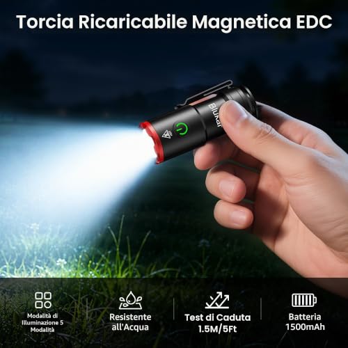 Detalle de Blukar Torcia LED Mini Ricaricabile: EDC magnetica e clip, autonomia 32 h