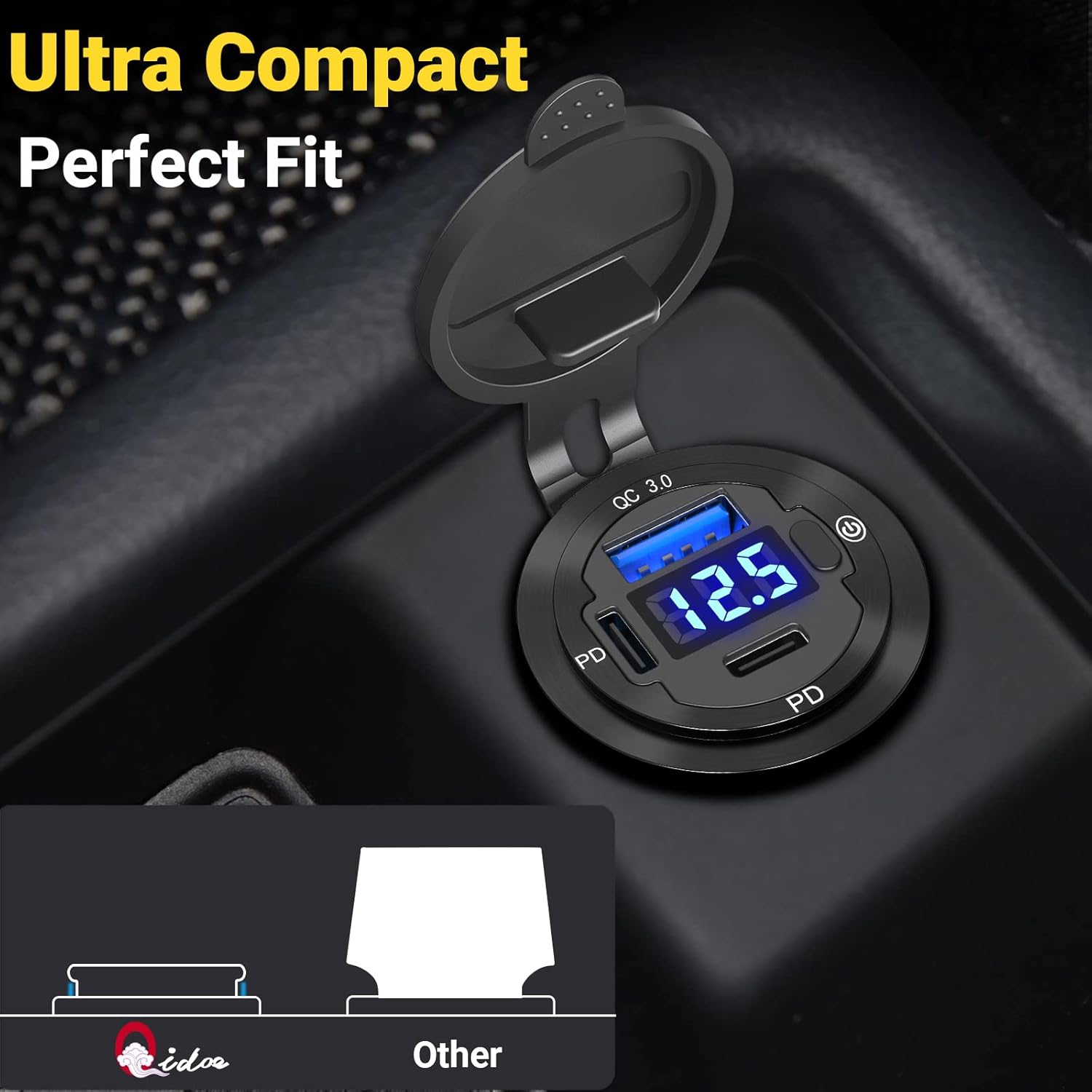 Thumbnail 2 de Metallgehäuse 78W USB‑C PD 12V Einbausteckdose mit Schalter & LED‑Voltmeter (Typ C)