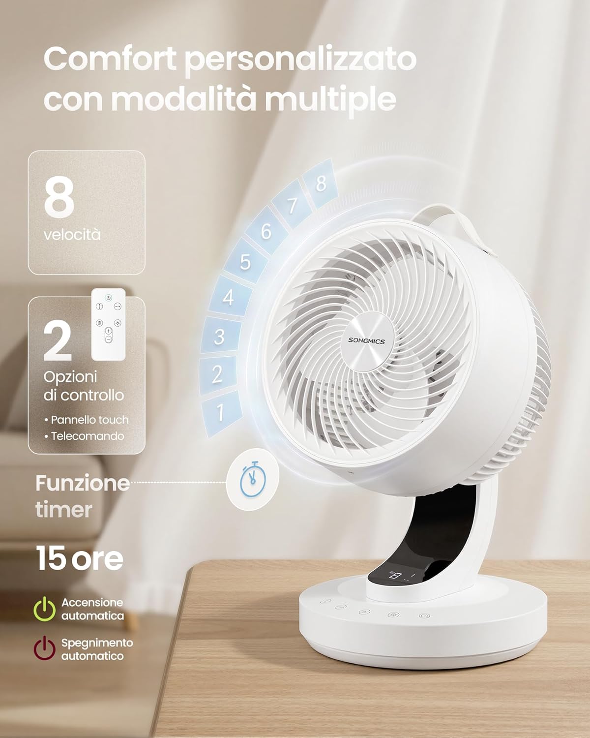 Detalle de SONGMICS Ventilatore da Tavolo XFC001W1EU: Silenzioso, 8 Velocità e Controllo Remoto per la Camera da Letto
