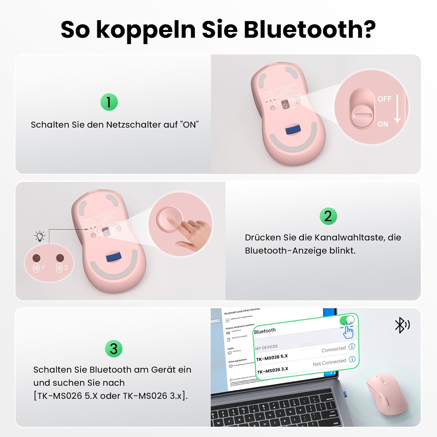 Thumbnail 6 de TECKNET Bluetooth Maus – Wiederaufladbar, 4800 DPI, leise und flexibel (BT 5.0/3.0 + 2.4 GHz) – Rosa