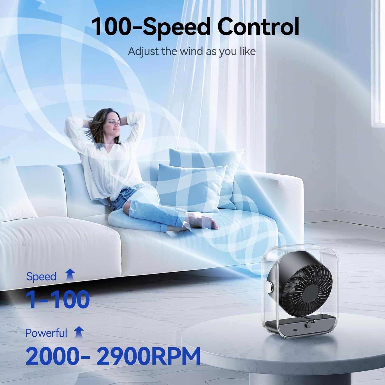 Detalle de KIMMOO Rechargeable USB Desk Fan: Quiet, Portable Power with 100-Stage Speed Control