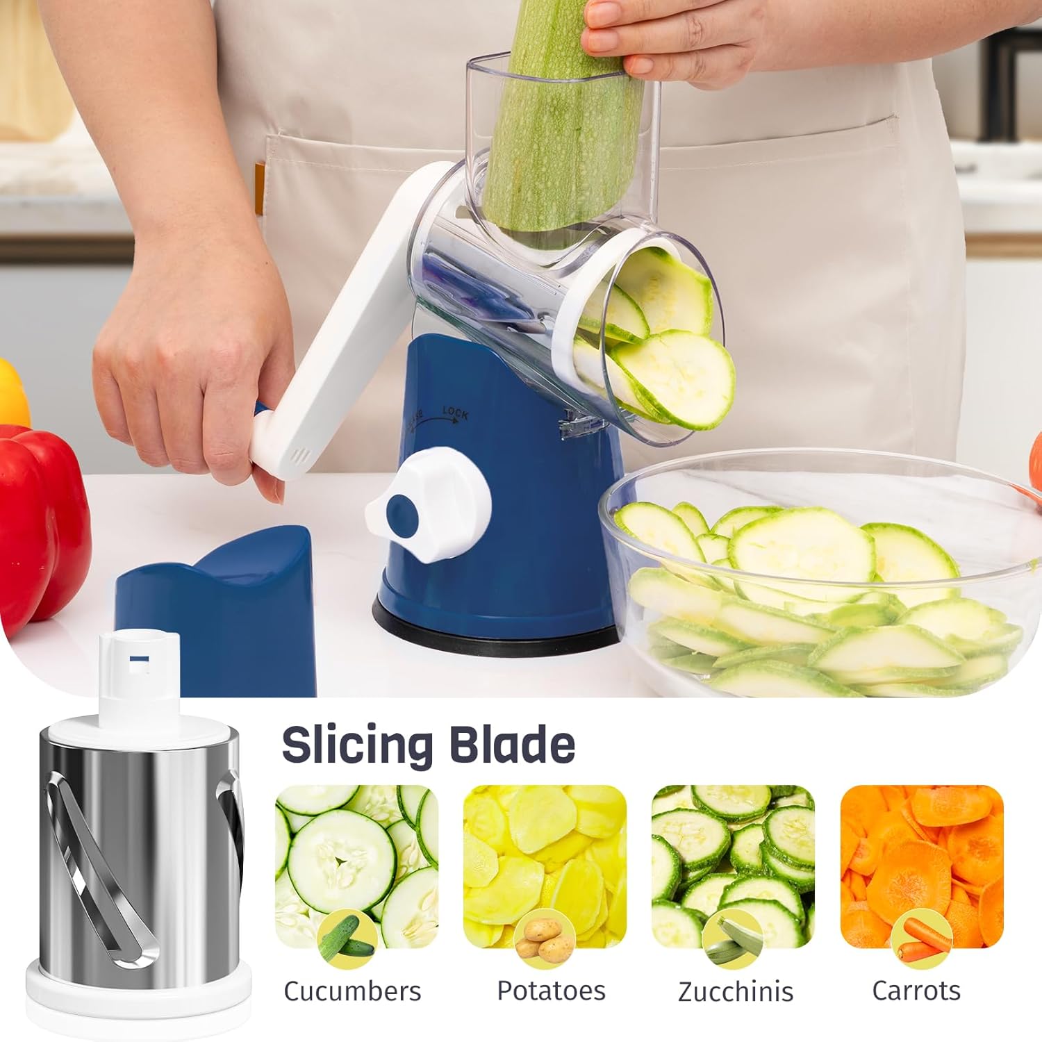 Detalle de Nexsujo Cheese Grater Hand Crank: 3-in-1 Rotary Shredder with Interchangeable Blades