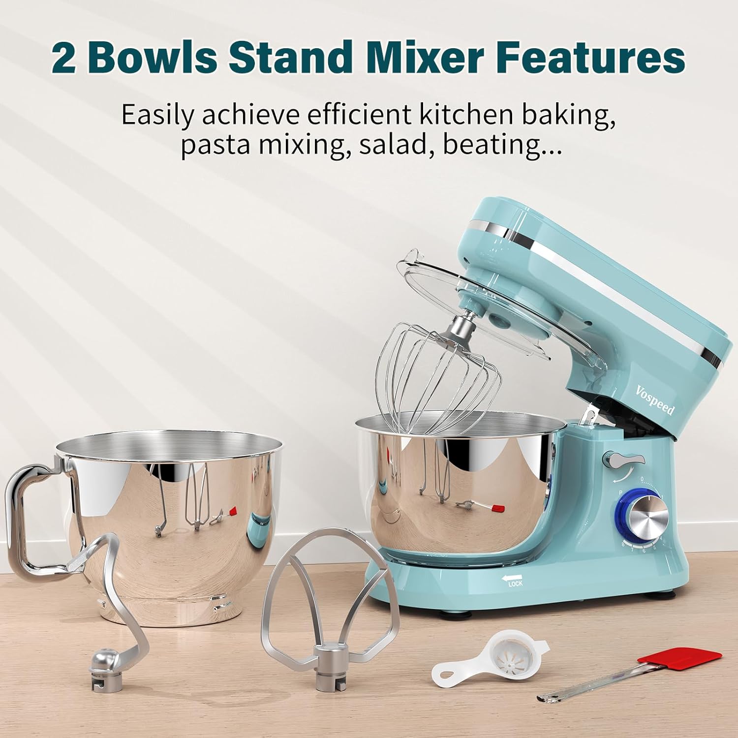Thumbnail 2 de Vospeed Stand Mixer with 4.5L + 5L bowls, 8-speed 1000W tilt-head electric mixer
