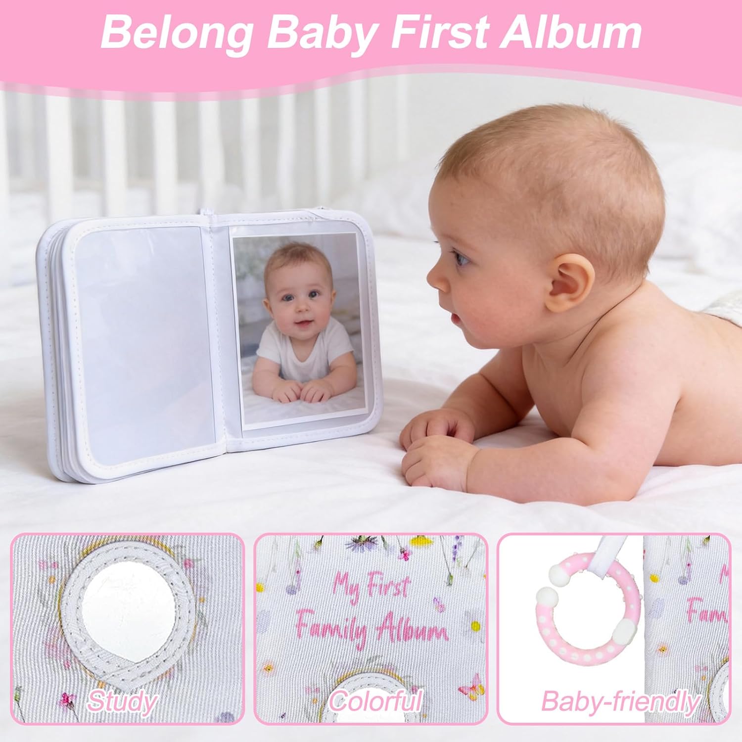 Thumbnail 1 de Baby Photo Album Soft Book – Fits 17 6x4" Pictures with Hook, Mirror & Safe Fabric