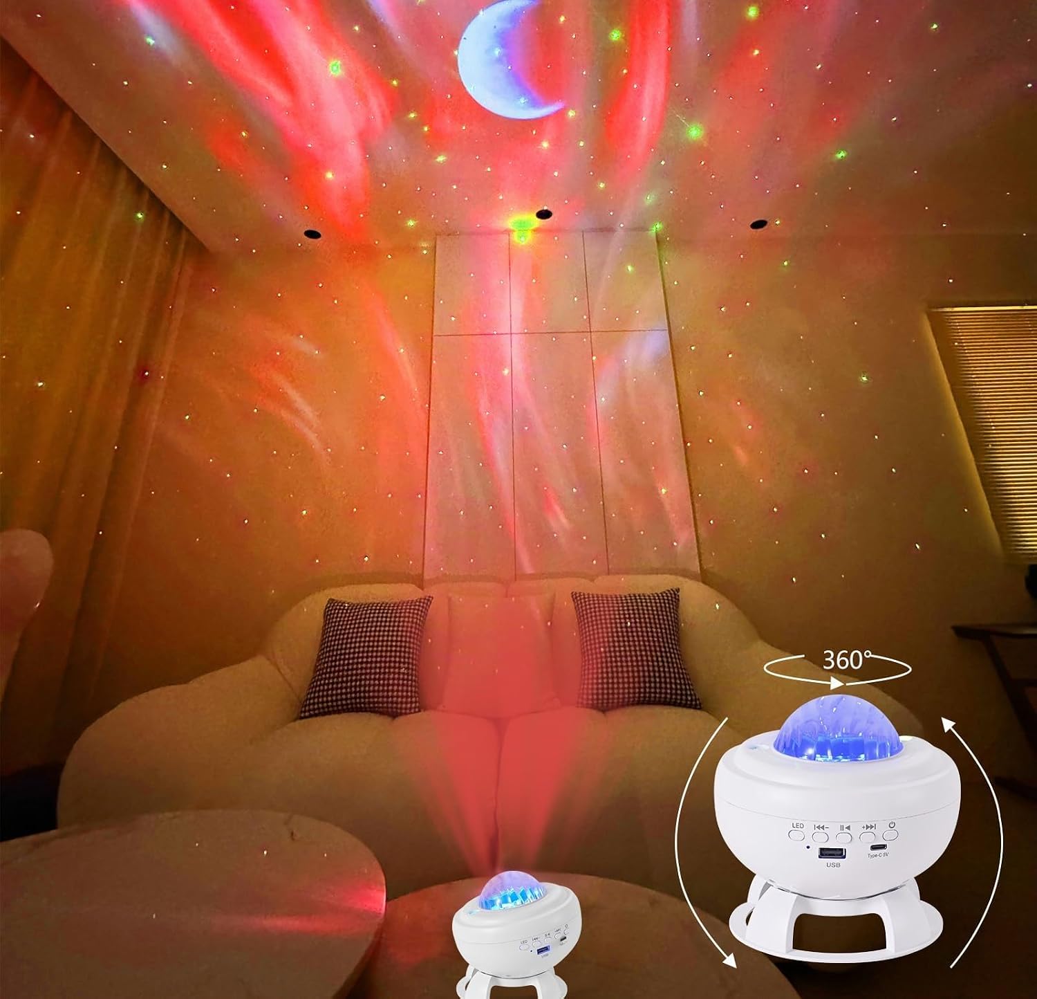Detalle de Proiettore Stelle Soffitto LED con Lettore Bluetooth: 8 animazioni aurora boreale, altoparlante integrato e ricaricabile