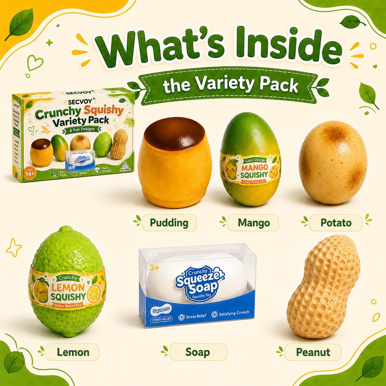 Detalle 2 de SECVOY Crunchy Squishy Set, 6 Slow-Rising Food-Shaped Fidgets