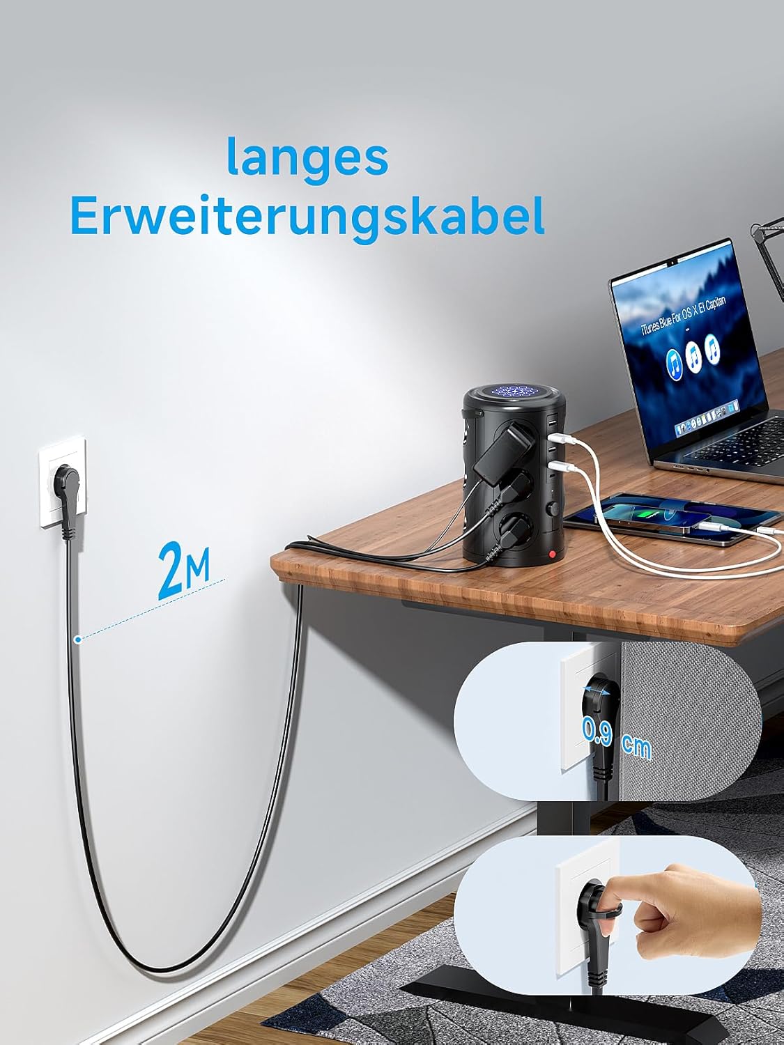 Thumbnail 5 de Pluackg Mehrfachsteckdose mit 5 USB, 12-fach Steckdosenleiste, Überspannungsschutz 1600 J, 2 m Verlängerungskabel – Schwarz