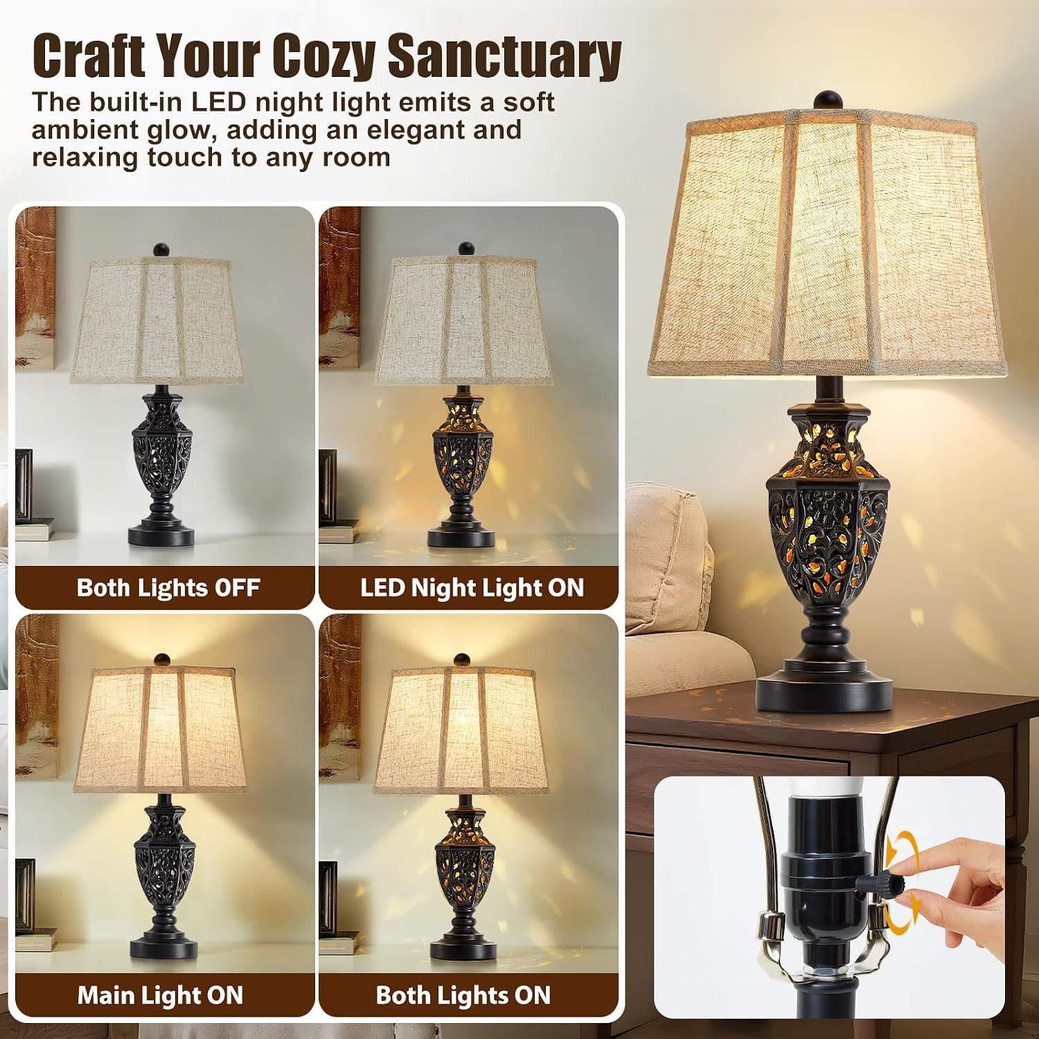 Detalle de EJIAXIN 23.5" Bedside Lamp Set with USB C+A