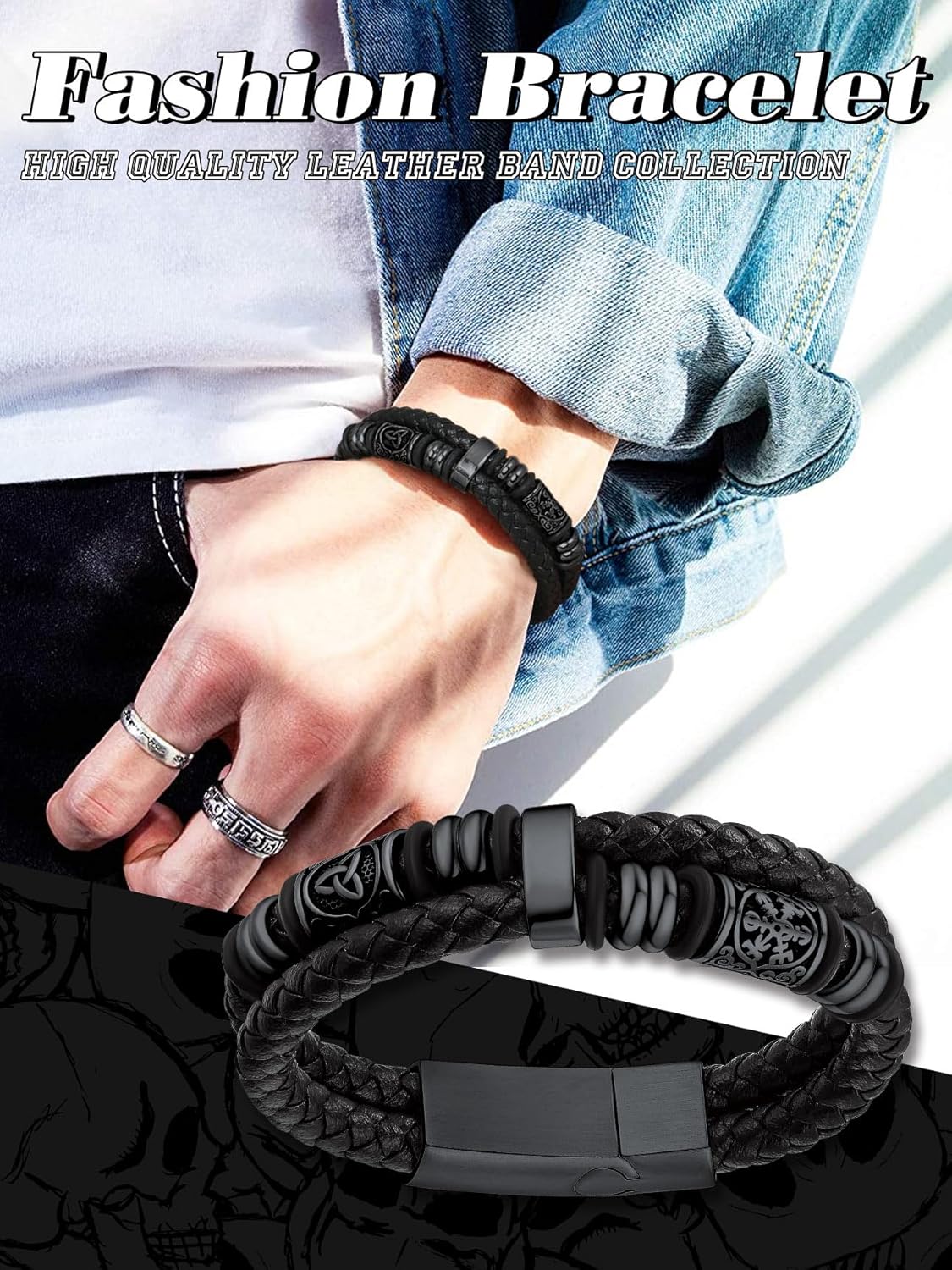 Thumbnail 4 de Bestyle pulsera de hombre de cuero y acero inoxidable con brújula vikinga (cierre magnético) negra, 21 cm
