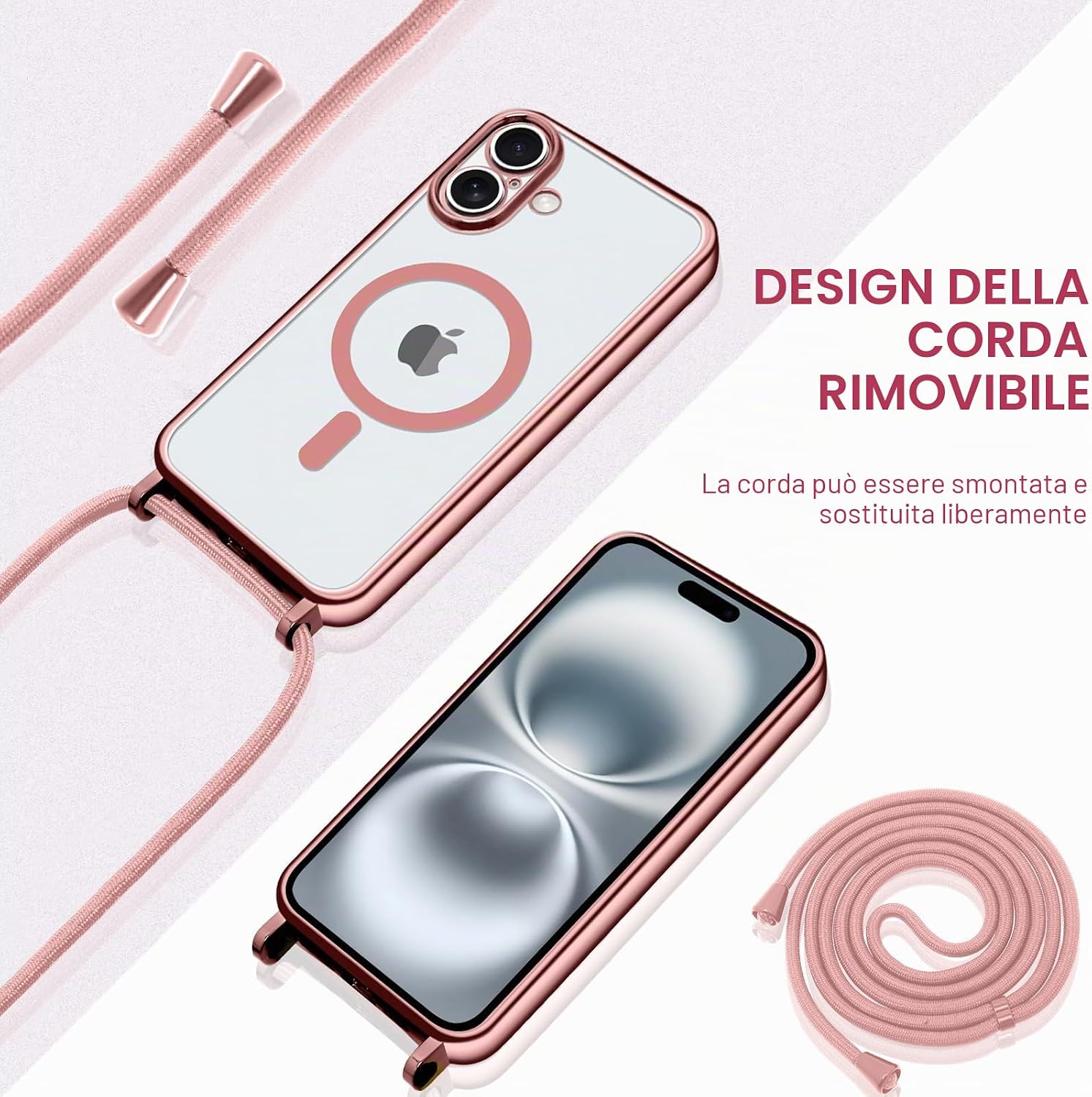 Detalle 2 de Oelrstfe Cover Magnetica Trasparente con Cordino per iPhone 16 – Custodia sottile in silicone con laccio regolabile e magnetico integrato