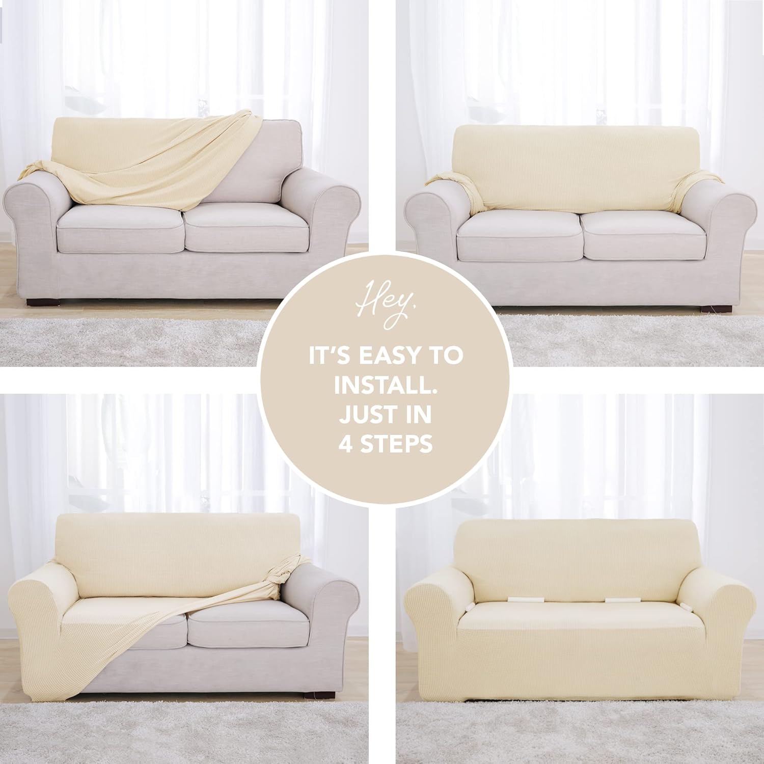 Thumbnail 3 de Deconovo housse de canapé jacquard extensible 3 places avec accoudoirs (beige) – 1 pièce