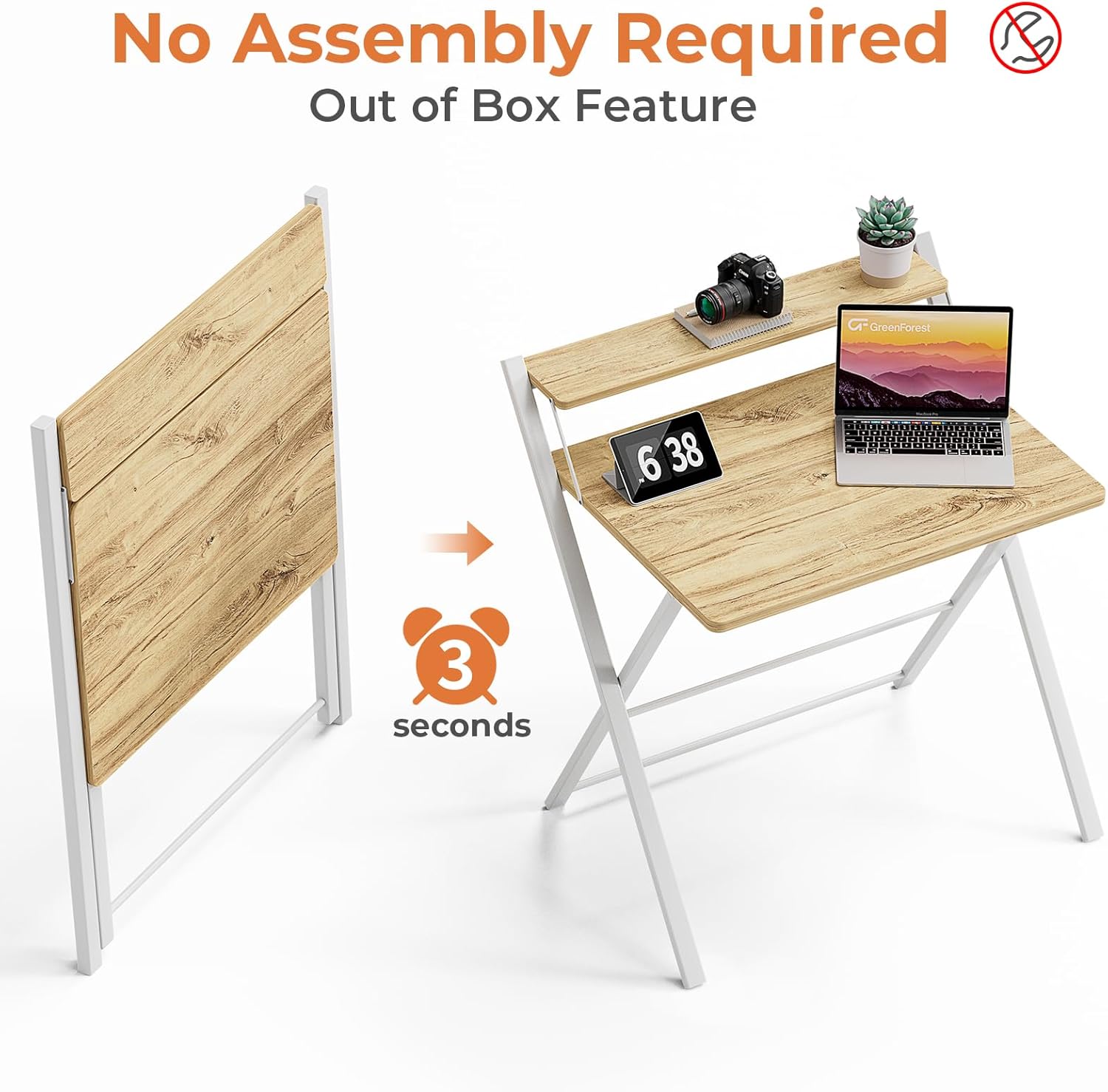 Thumbnail 3 de GreenForest Folding Desk (No Assembly Required) with Monitor Shelf, Oak – small space computer desk