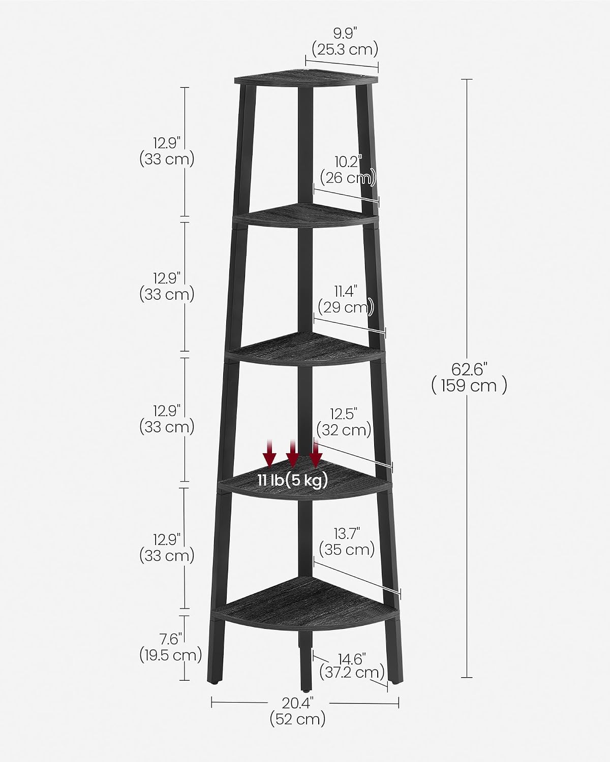 Detalle de VASAGLE BARNET LLS035B02 5-Tier Corner Shelf, Charcoal Grey and Matte Black
