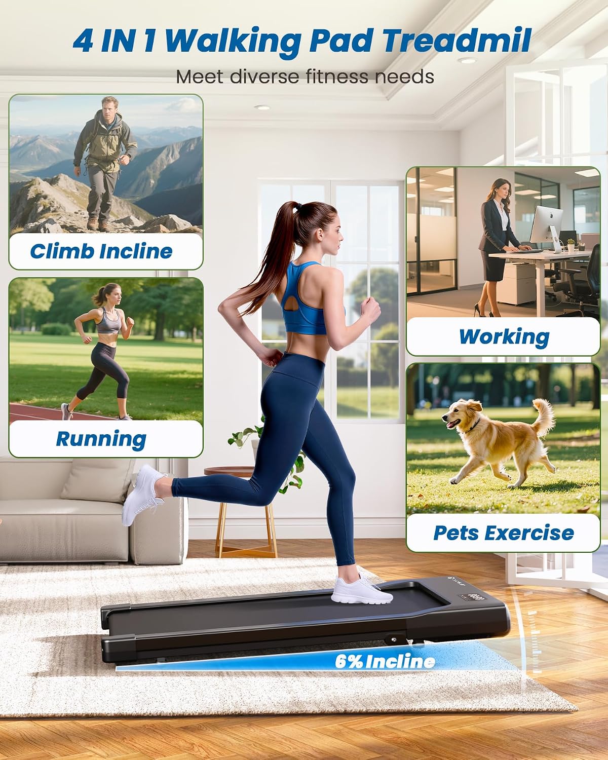 Detalle 2 de DeerRun Incline Walking Pad Treadmill, 2.5 HP, 6% Incline, 300 lb Capacity