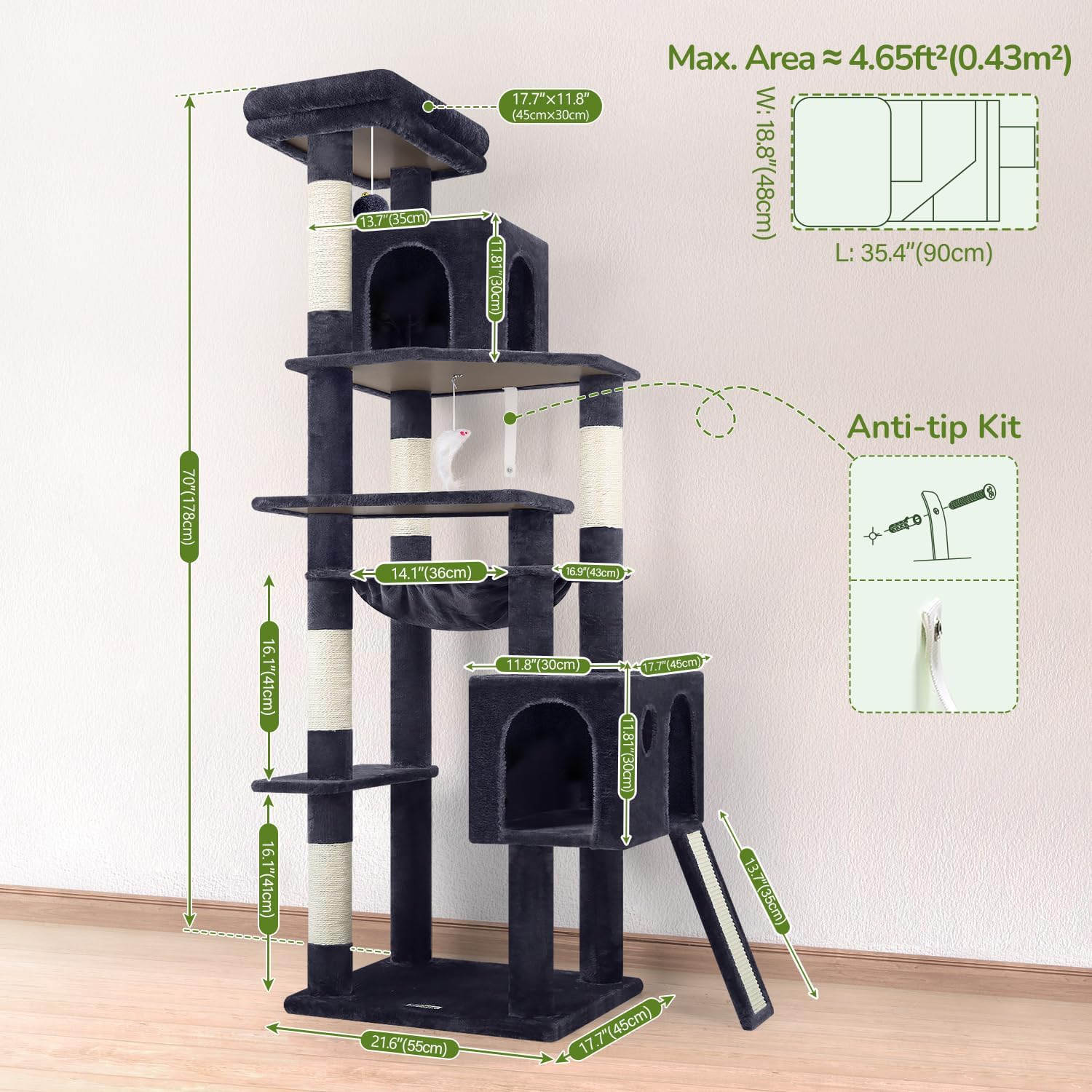 Detalle de Globlazer Heavy Duty Cat Tree, 70-Inch Tall with Hammock, Condo, and Dual Climbing Paths
