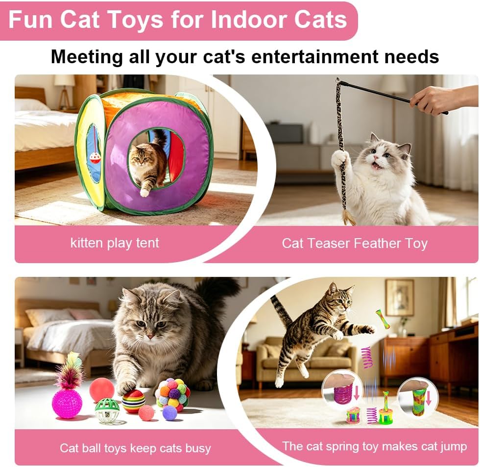 Detalle de Retro Shaw 33-Piece Cat Toy Set with Collapsible Cube Tunnel