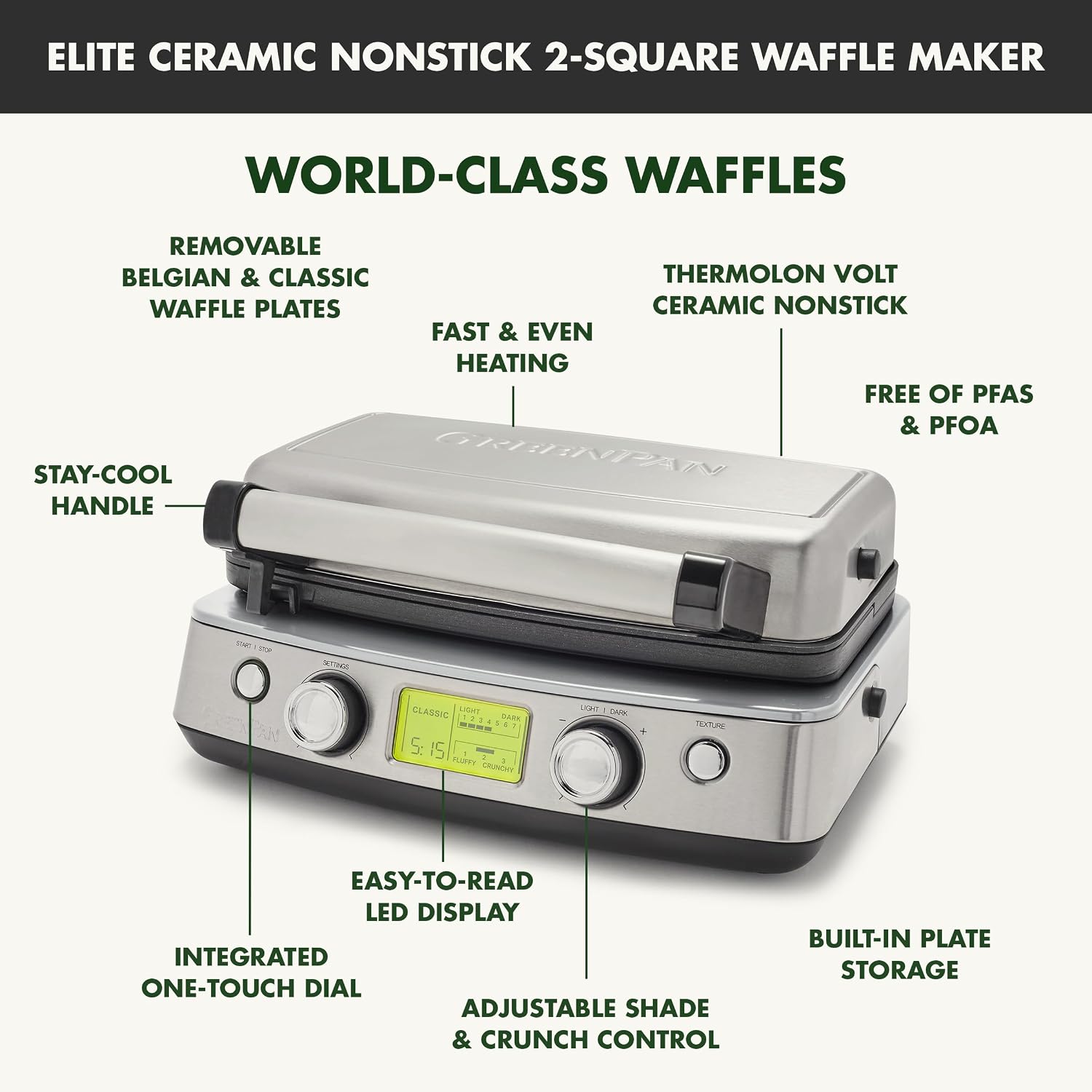 Thumbnail 2 de GreenPan Elite 2 Waffle Iron, Adjustable Shade 🧇