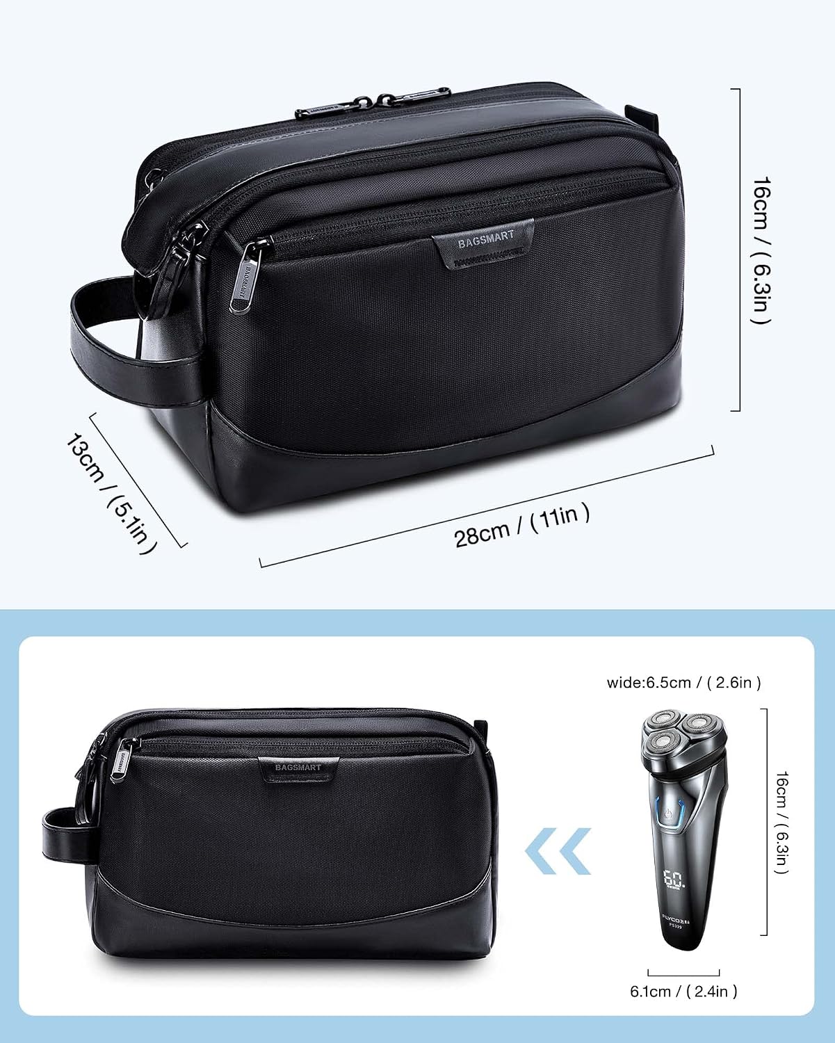 Detalle de BAGSMART Herren-Kulturbeutel (Reise-Kulturtasche) mit PU-Leder, wasserabweisend, Organizer & separater Fronttasche – Schwarz