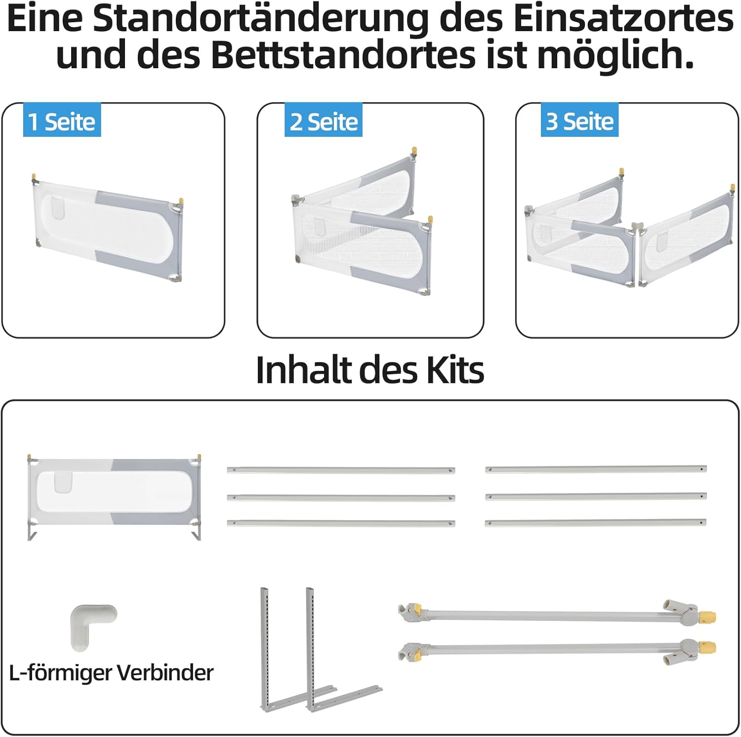 Thumbnail 6 de OUUTMEE Bettschutzgitter 200 cm – Rausfallschutz für Kinder, klappbar, Höhenverstellbar, Grau-Weißes Blockmuster