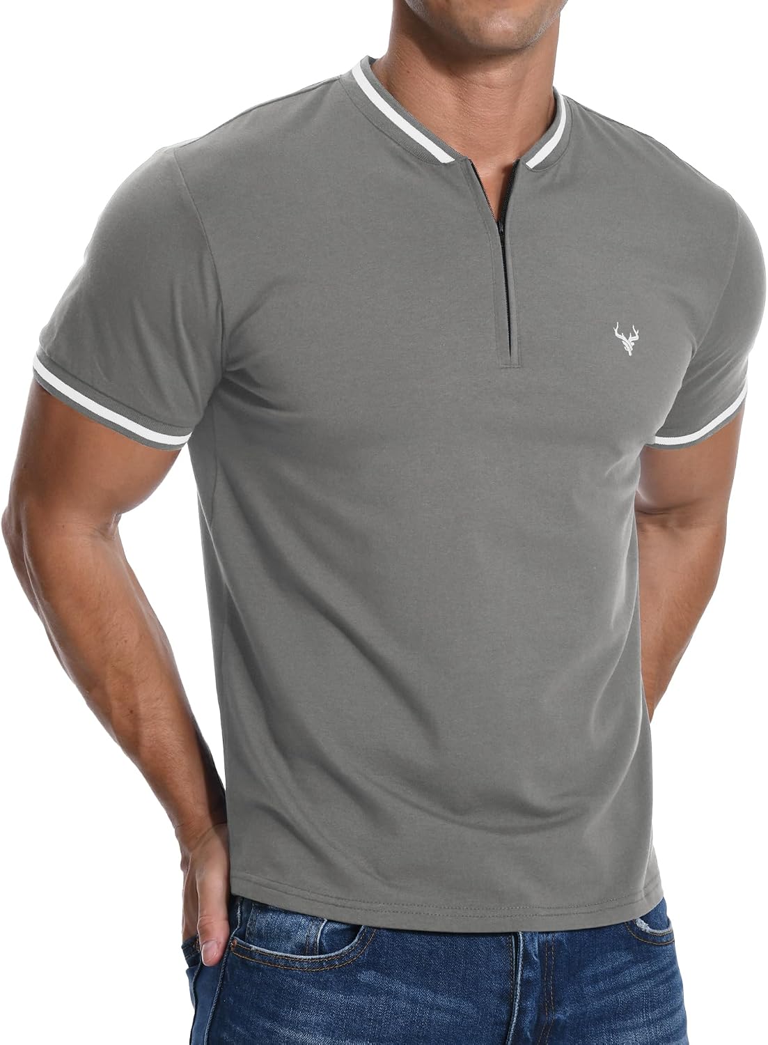 Detalle de KUYIGO Mens Zip Henley T-Shirt Deer Head Embroidery – Regular Slim Fit