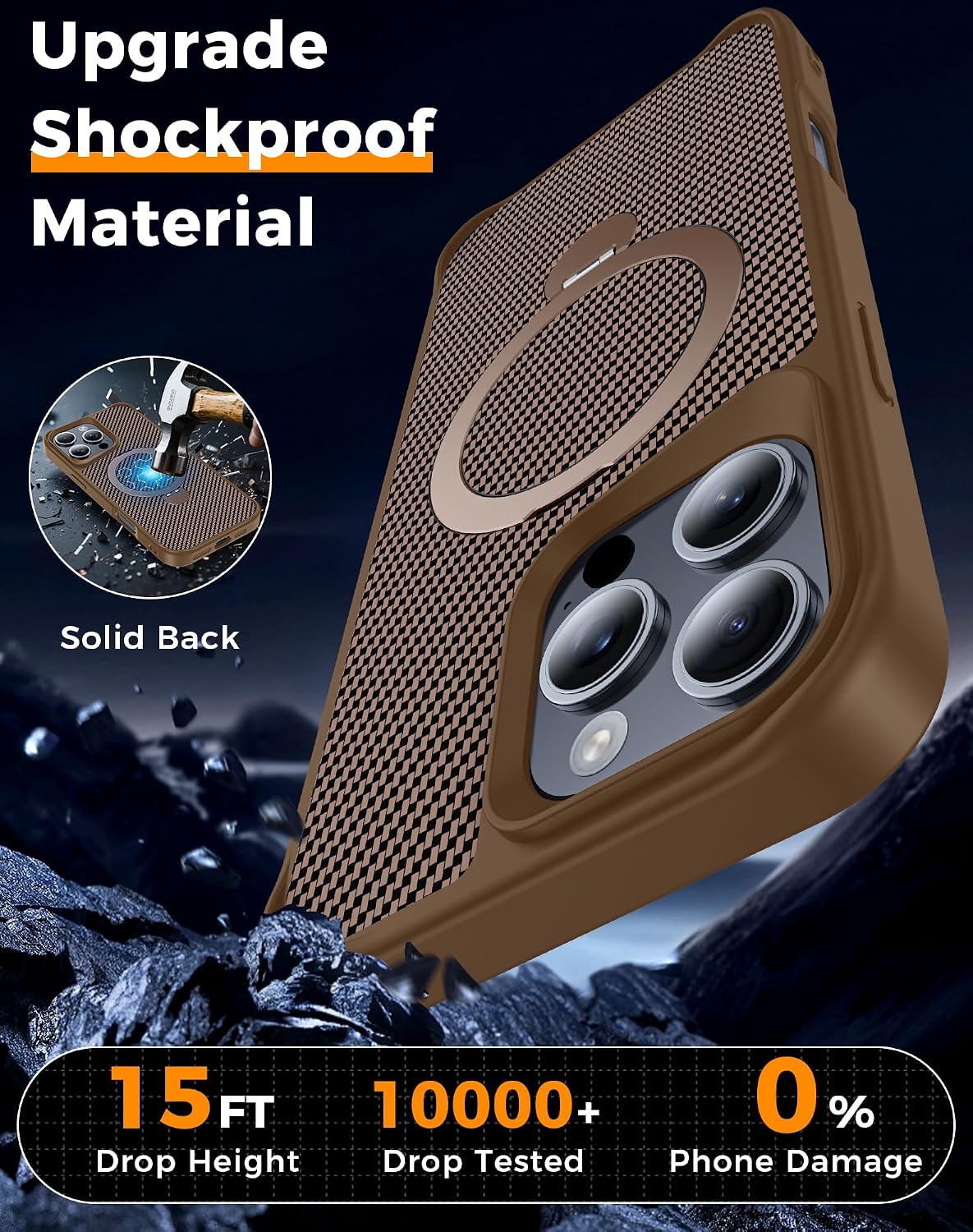 Detalle de Enlafavo 16 Pro Max Case with 360° Magnetic Stand and Carbon Fiber Back, 15FT Military Protection