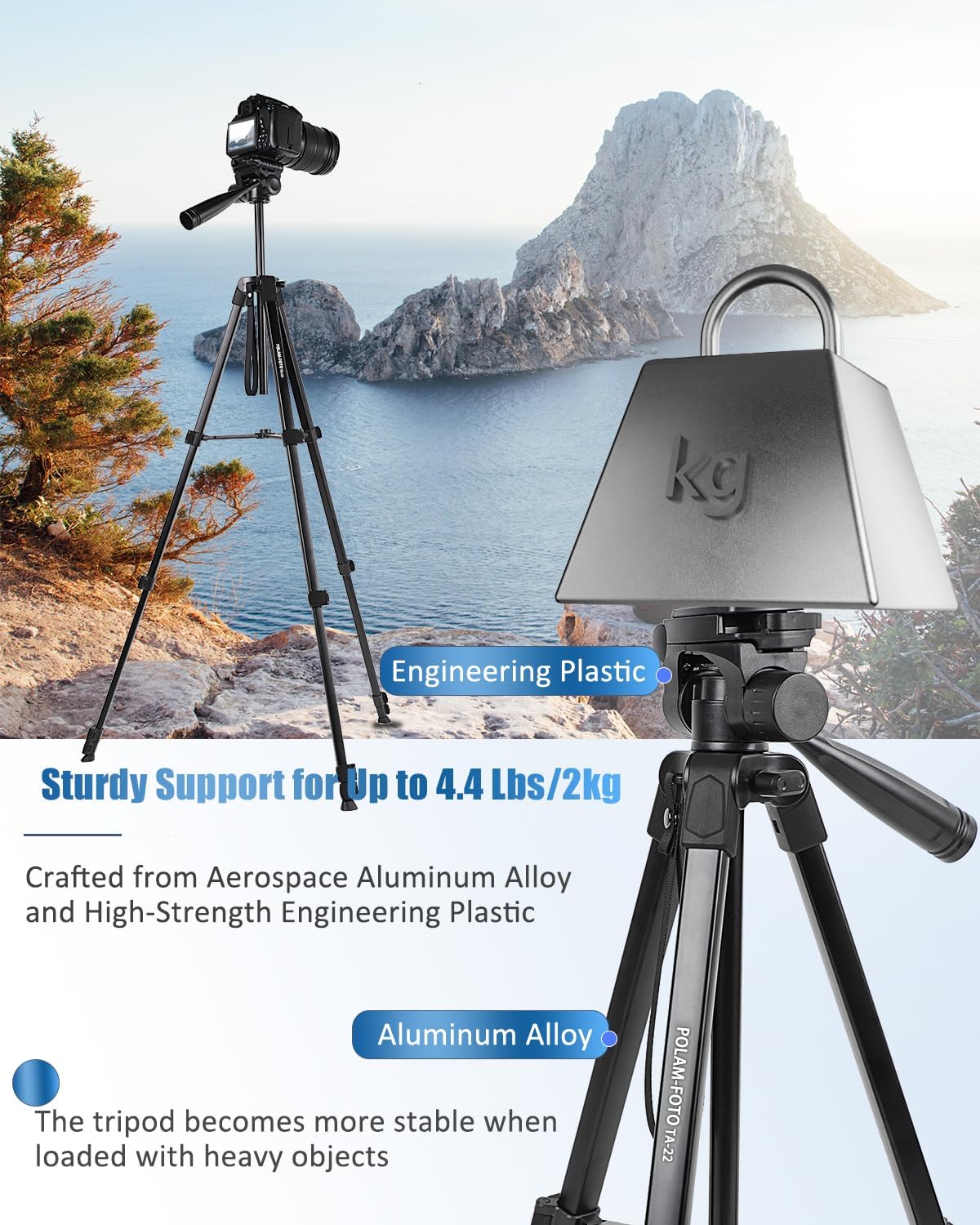 Thumbnail 2 de POLAM-FOTO 68 Inch Camera Tripod: Lightweight Aluminium with Phone Holder