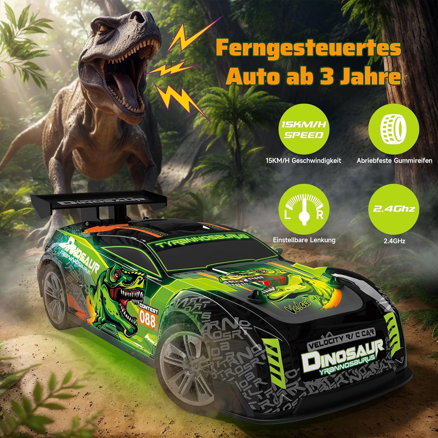 Detalle de PENGBU RC 3699-RC6 – samochód-dinozaur 1:16, 15 km/h, zielone światła