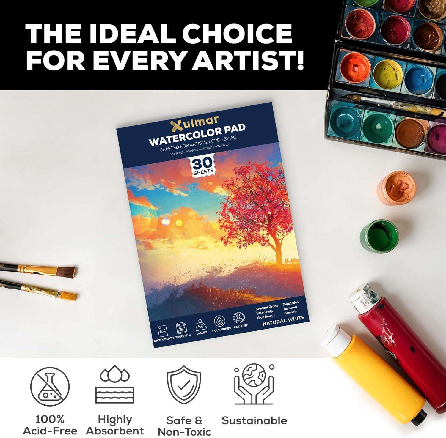 Thumbnail 3 de Xulmar Watercolour Paper Pad – A4, 30 Sheets, 300 GSM, Cold-Pressed, 100% Acid-Free