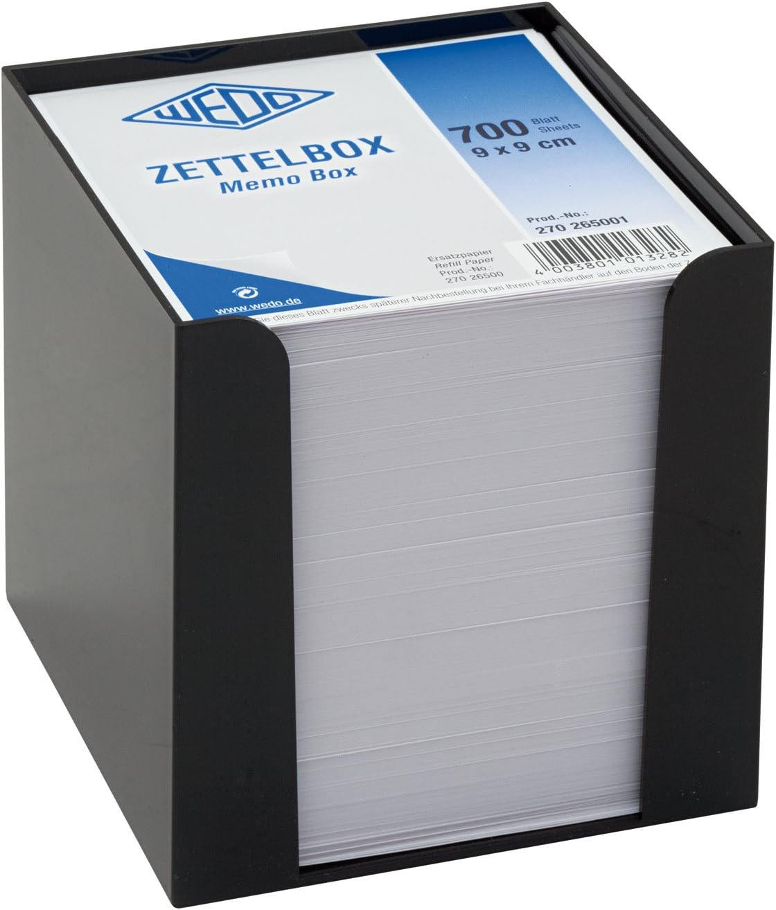 Detalle de Wedo 2702650 Zettelbox aus ABS-Kunststoff – rauchglasfarben, gefüllt (9 x 9 cm, ca. 700 Blatt)