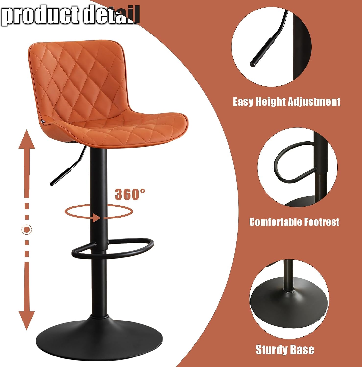 Detalle de Kidol & Shellder BLTCA-1932 Swivel Bar Stools, Set of 2, Rust Red Faux Leather