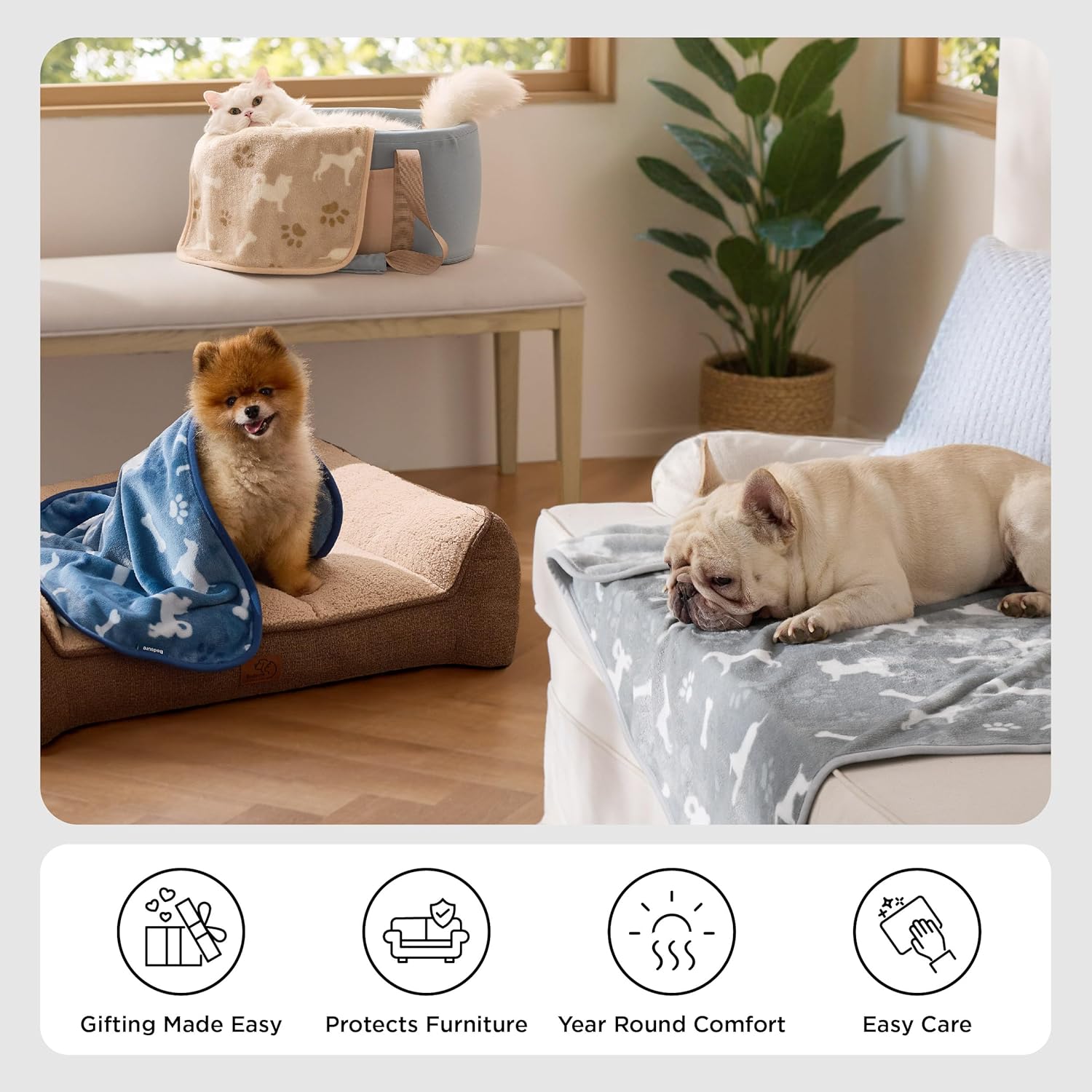 Detalle de Bedsure 3 Pack Fleece Puppy Blankets (XS 58x41cm) – Soft, Washable, Portable Grey/Brown/Blue