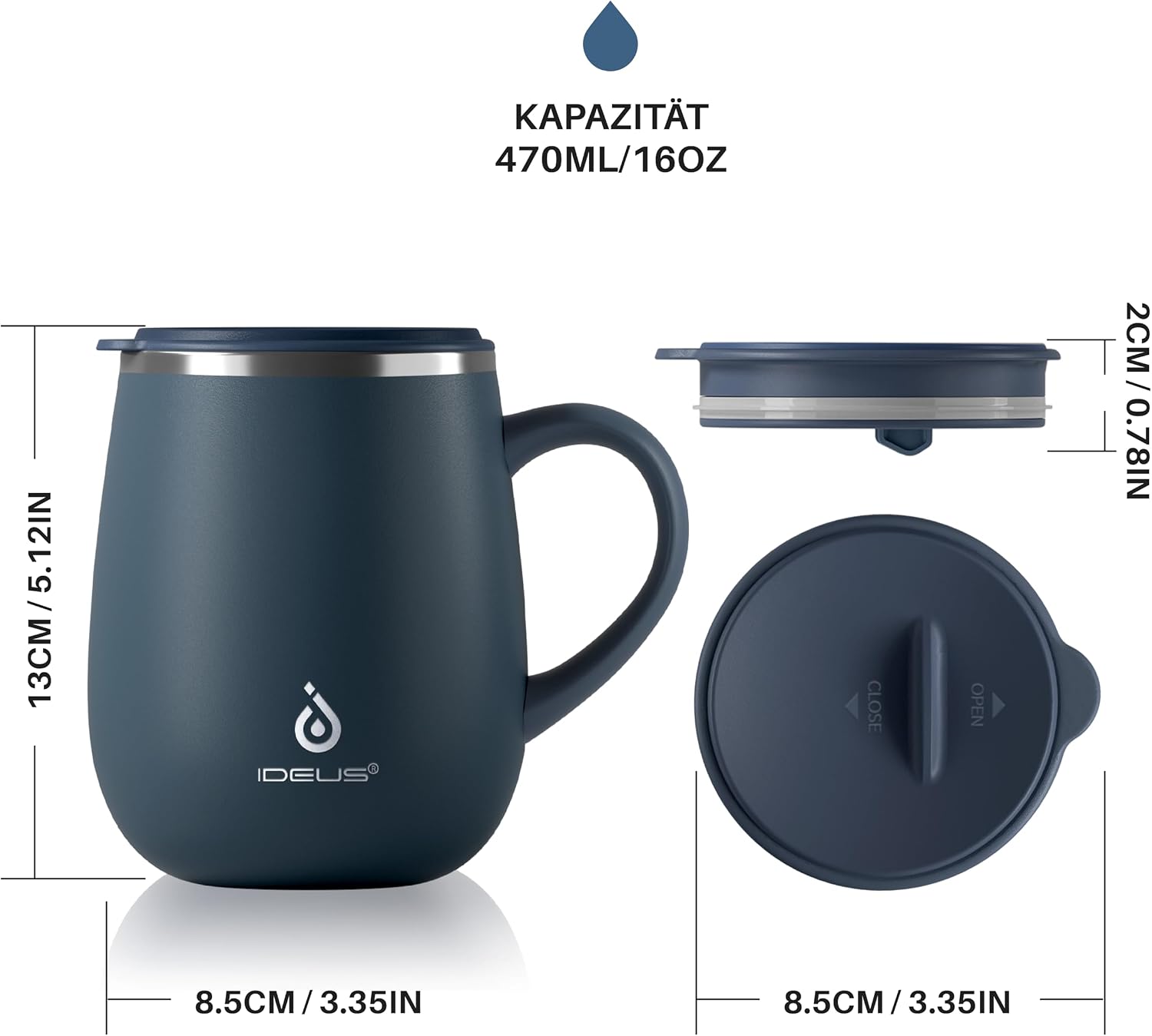 Thumbnail 4 de Ideus Kaffeebecher 470 ml (16 oz) – doppelwandige vakuumisolierte Edelstahl-Kaffee- und Teetasse mit Schiebemoduldeckel (Marineblau)