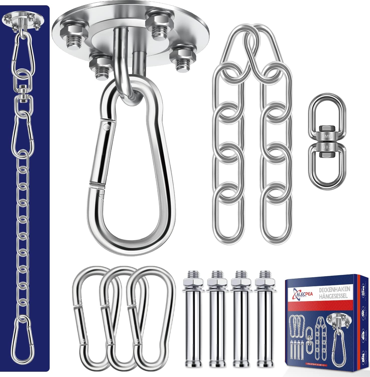 ALECPEA Deckenhaken: Edelstahl Deckenhalterung für Hängesessel bis 400 kg • 360° Drehung inkl. Verlängerungskette 30 cm und 3 Karabiner