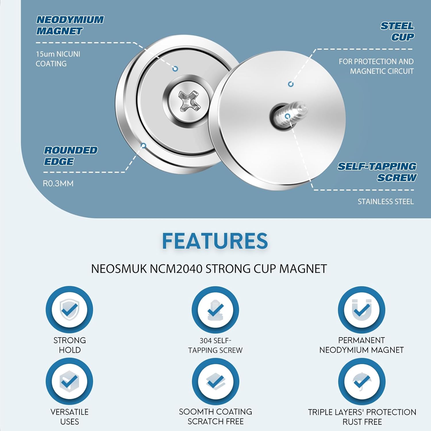 Thumbnail 6 de Neosmuk 15kg Round Cup Magnets with Hole, Pack of 10 – Heavy-Duty Neodymium Magnets for Wood and Walls