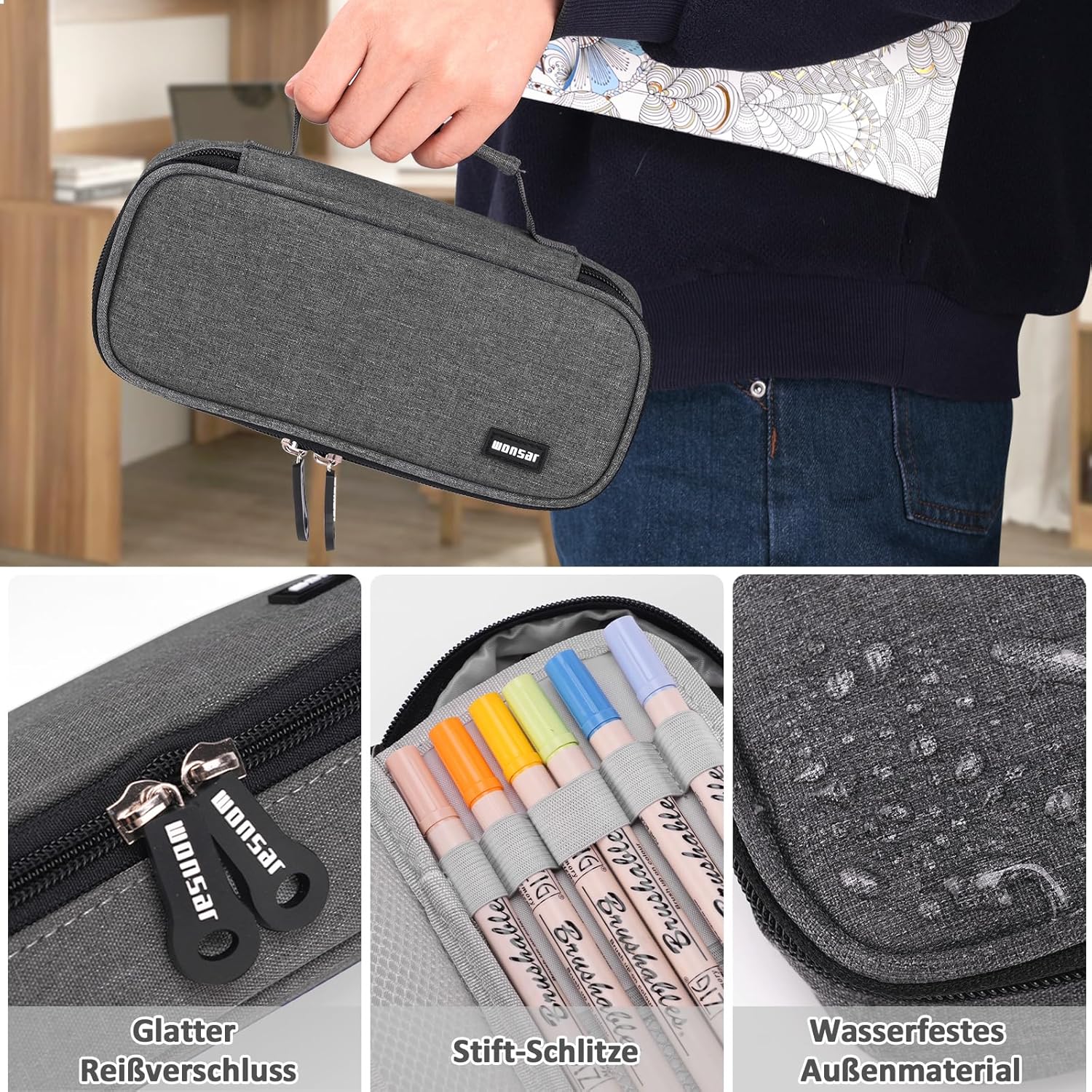 Thumbnail 3 de wonsar Federmäppchen Mäppchen & Federtasche mit 4 Fächern (22 × 10 × 7,5 cm) für Schule und Büro