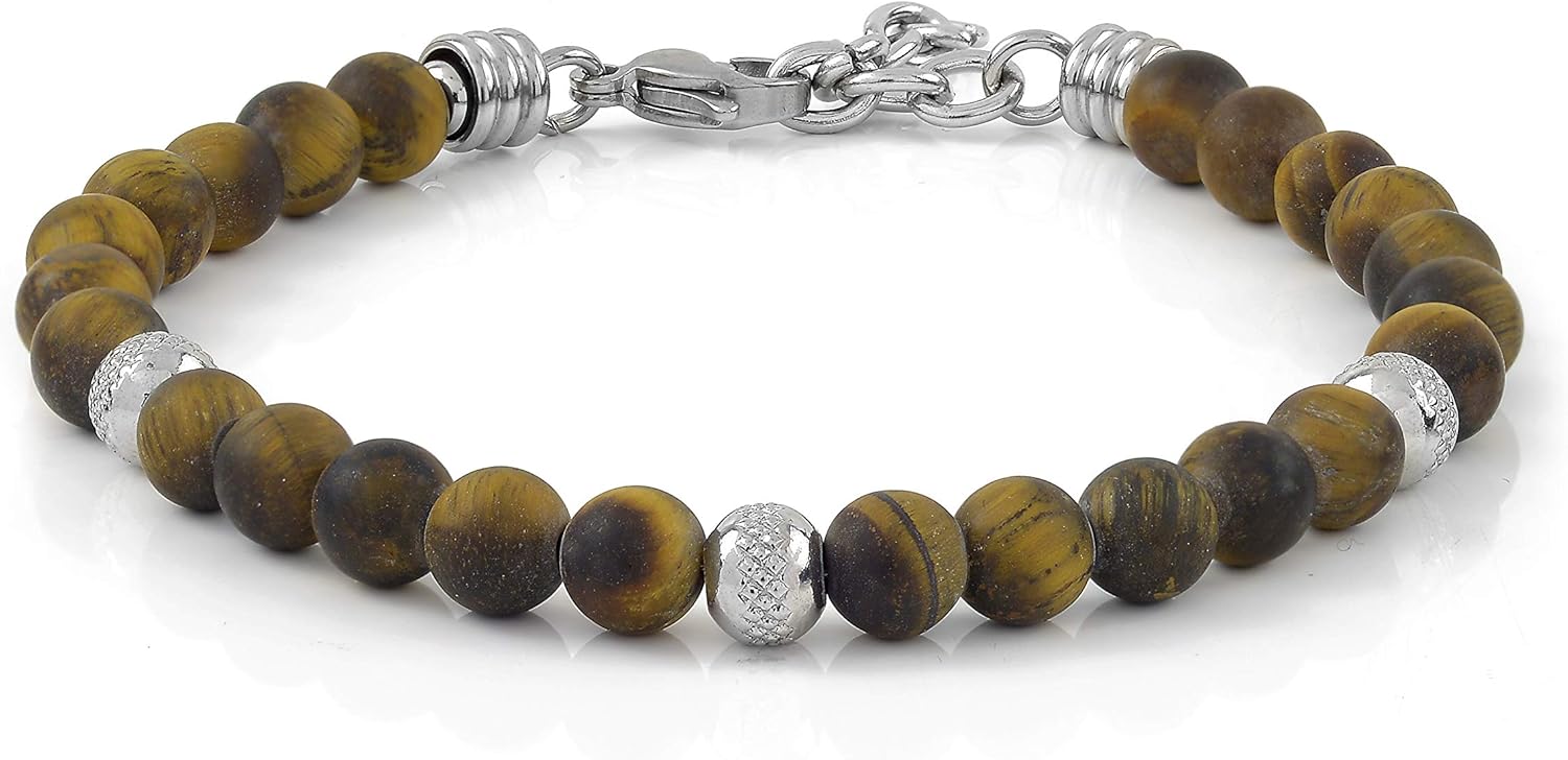 Thumbnail 2 de 10:10 Bracciale con pietre naturali occhio di tigre frost 6 mm – inox italiano